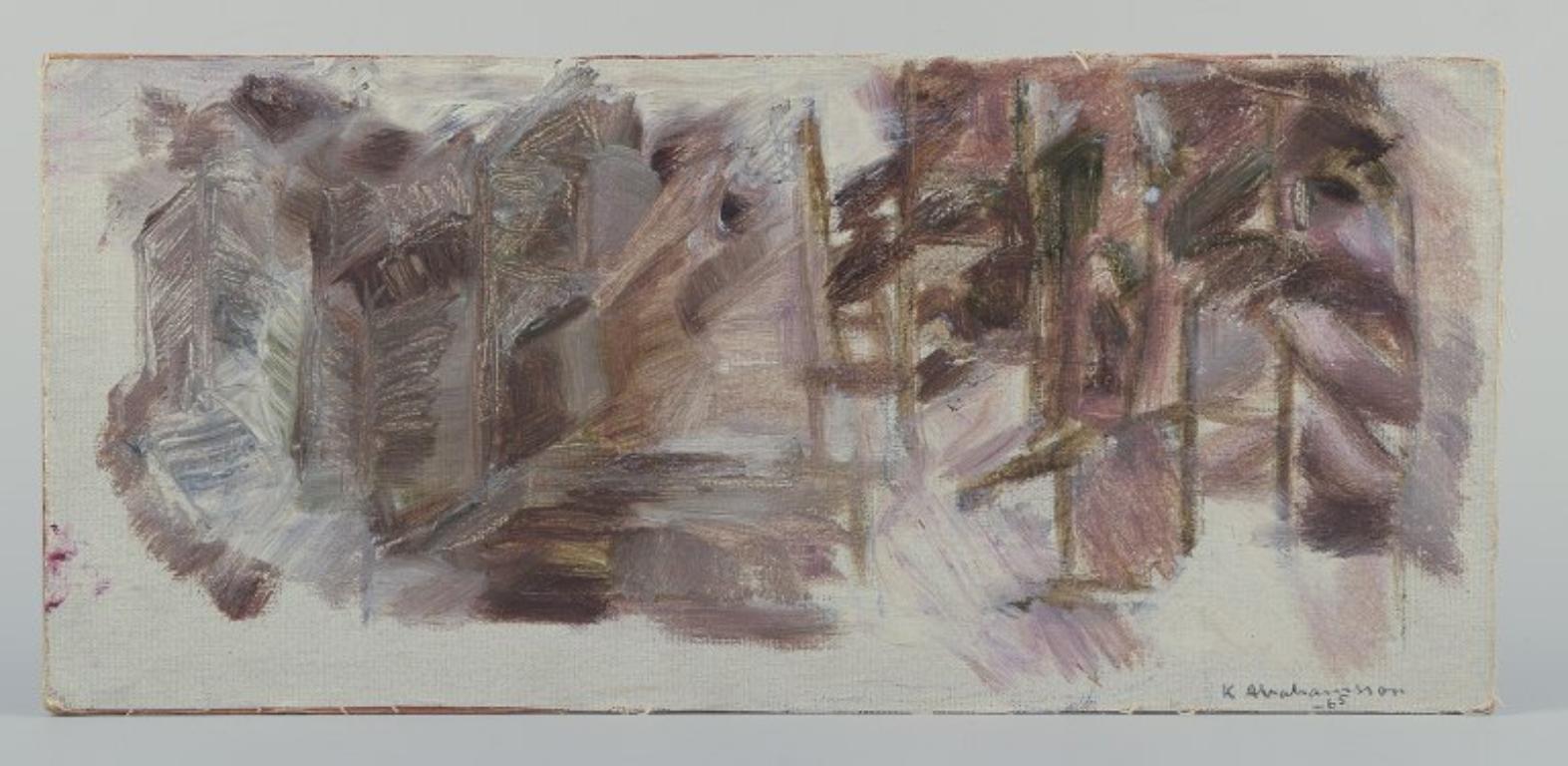 PRE-OWNED GOODS ARE EXEMPT FROM IMPORT TARIFFS FOR U.S., UK, AUSTRALIAN & CANADIAN CUSTOMERS.   
THEREFORE, NO IMPORT TARIFFS WILL BE APPLICABLE TO YOUR PURCHASE. 

K. Abrahamsson, Swedish artist.
Oil on canvas laid on board.
Abstract