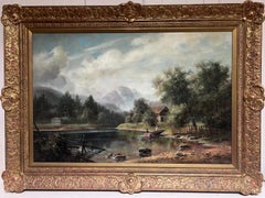 Large British Dutch Oil Painting Majestic Landscape Figures in Boat on Lake