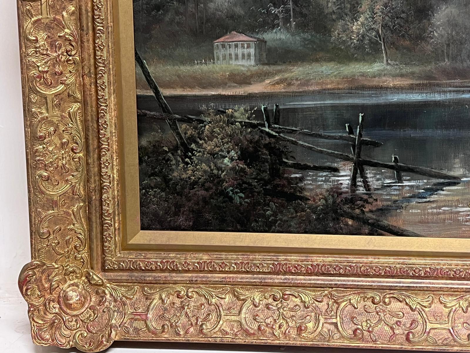 Grande pittura ad olio olandese britannica Maestoso paesaggio Figure in barca sul lago - Painting Antichi maestri di K Adams
