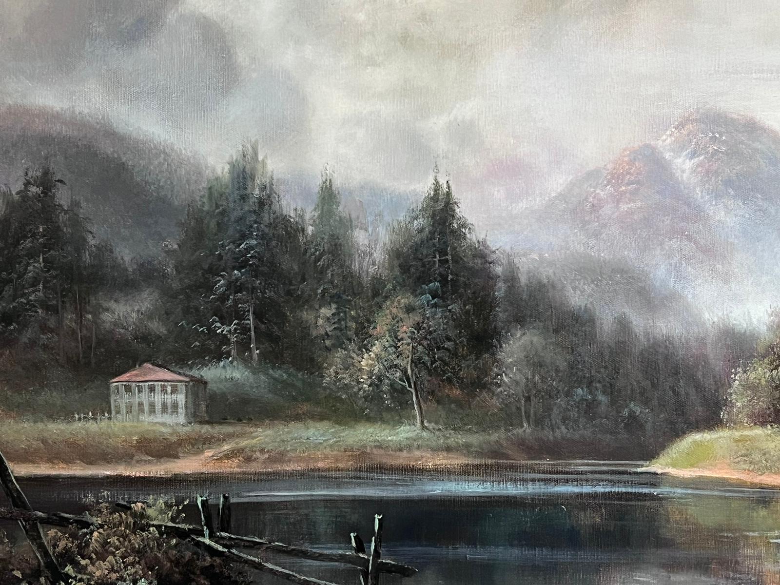 Grande pittura ad olio olandese britannica Maestoso paesaggio Figure in barca sul lago - Figurative Painting Nero di K Adams