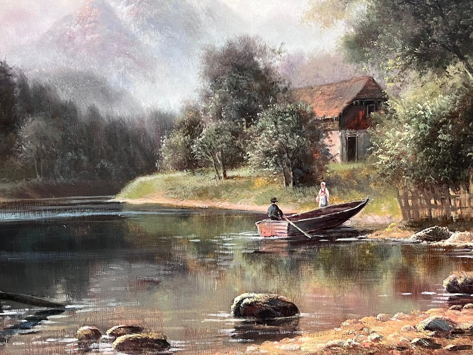 Grande pittura ad olio olandese britannica Maestoso paesaggio Figure in barca sul lago 1