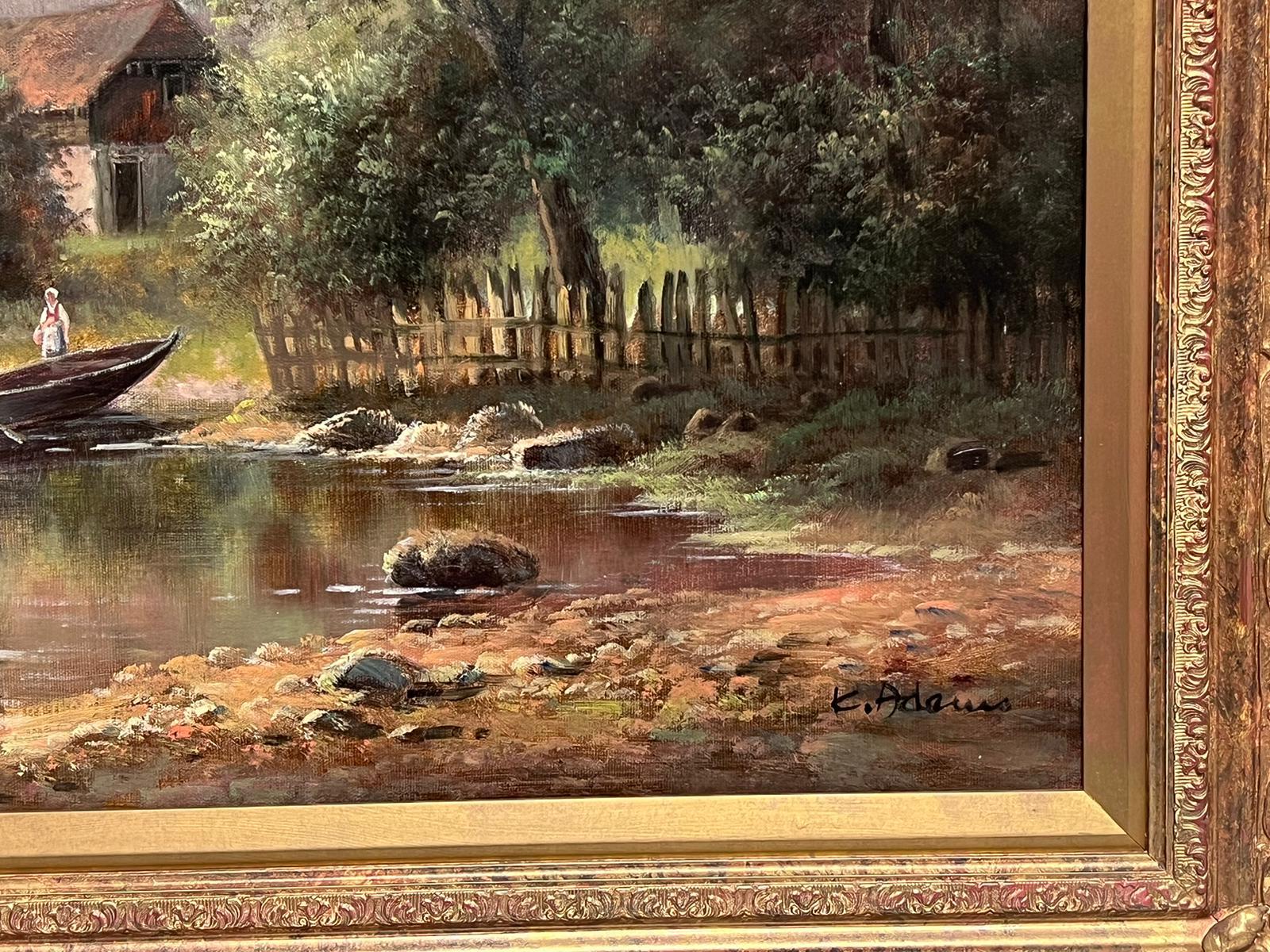 Grande pittura ad olio olandese britannica Maestoso paesaggio Figure in barca sul lago 2