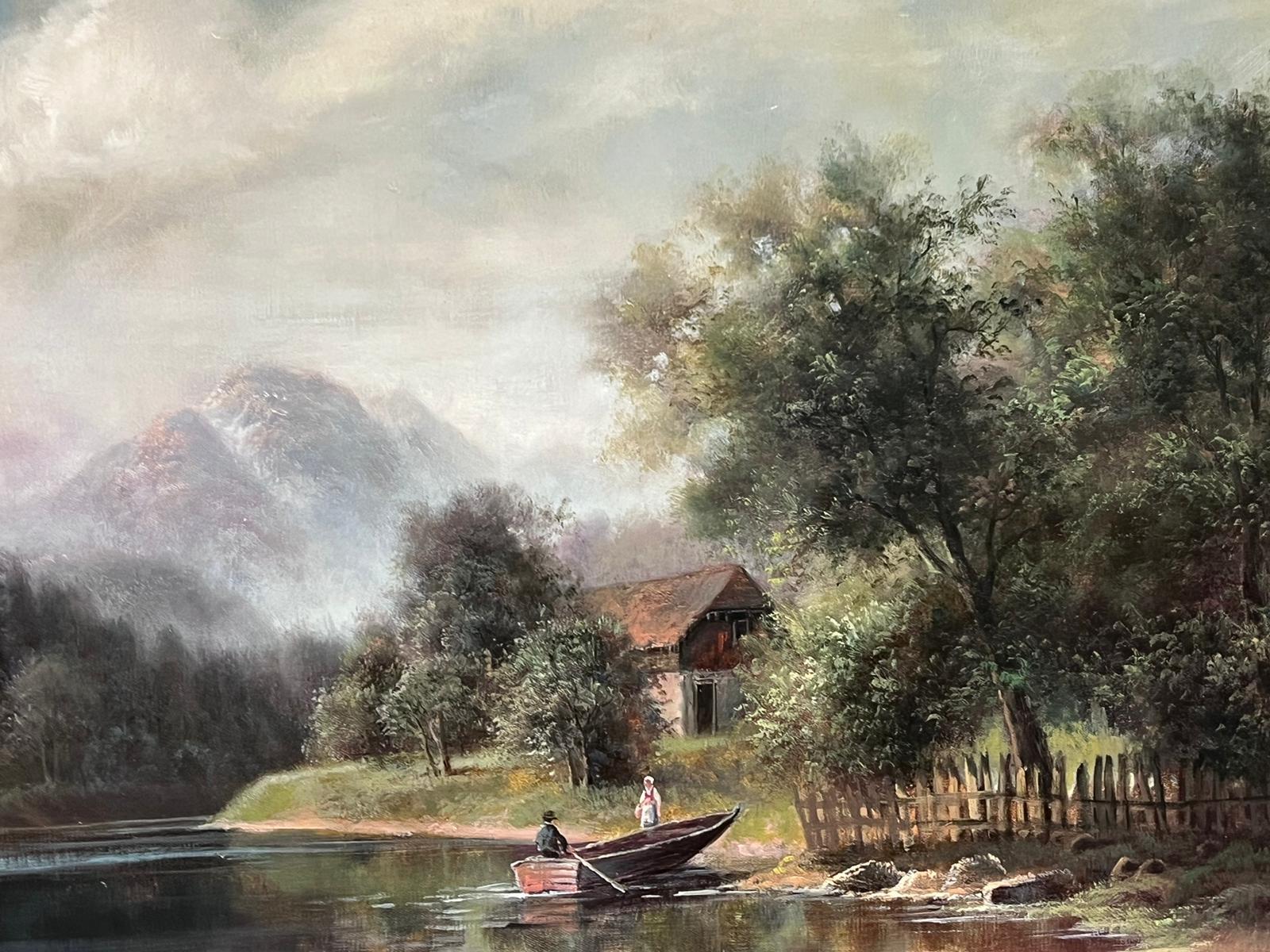 Grande pittura ad olio olandese britannica Maestoso paesaggio Figure in barca sul lago 3