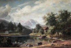 Large British Dutch Oil Painting Majestic Landscape Figures in Boat on Lake
