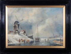 K. Adams - Mitte 20. Jahrhundert Öl, Niederländische Winterszene