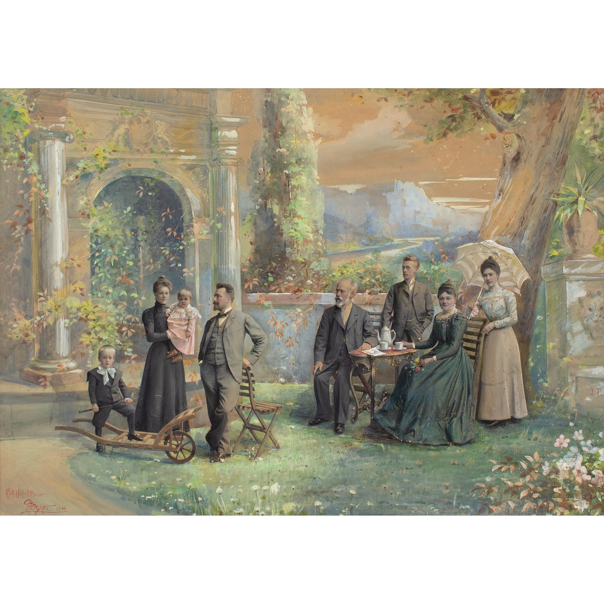 K.K. Hof Atelier Pietzner, Ritratto di famiglia in giardino - Mixed Media Art Art Nouveau di K & K Hof Atelier Pietzner