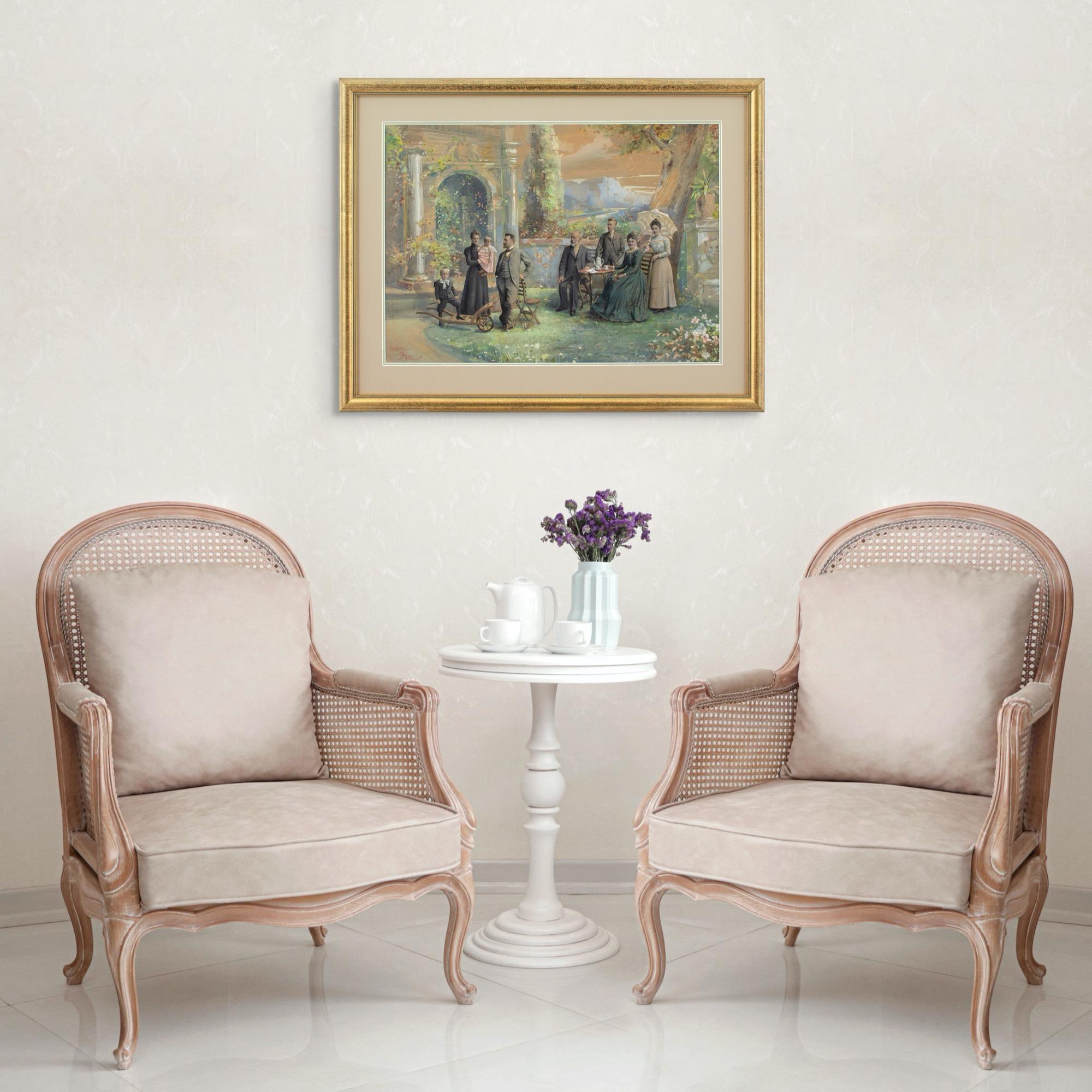 Questa tecnica mista dei primi del Novecento di K.K. Hof Atelier Pietzner di Vienna raffigura una famiglia rispettabile in un giardino neoclassico.

Con l'avvento della fotografia, i proprietari di case benestanti cercarono di decorare le pareti con