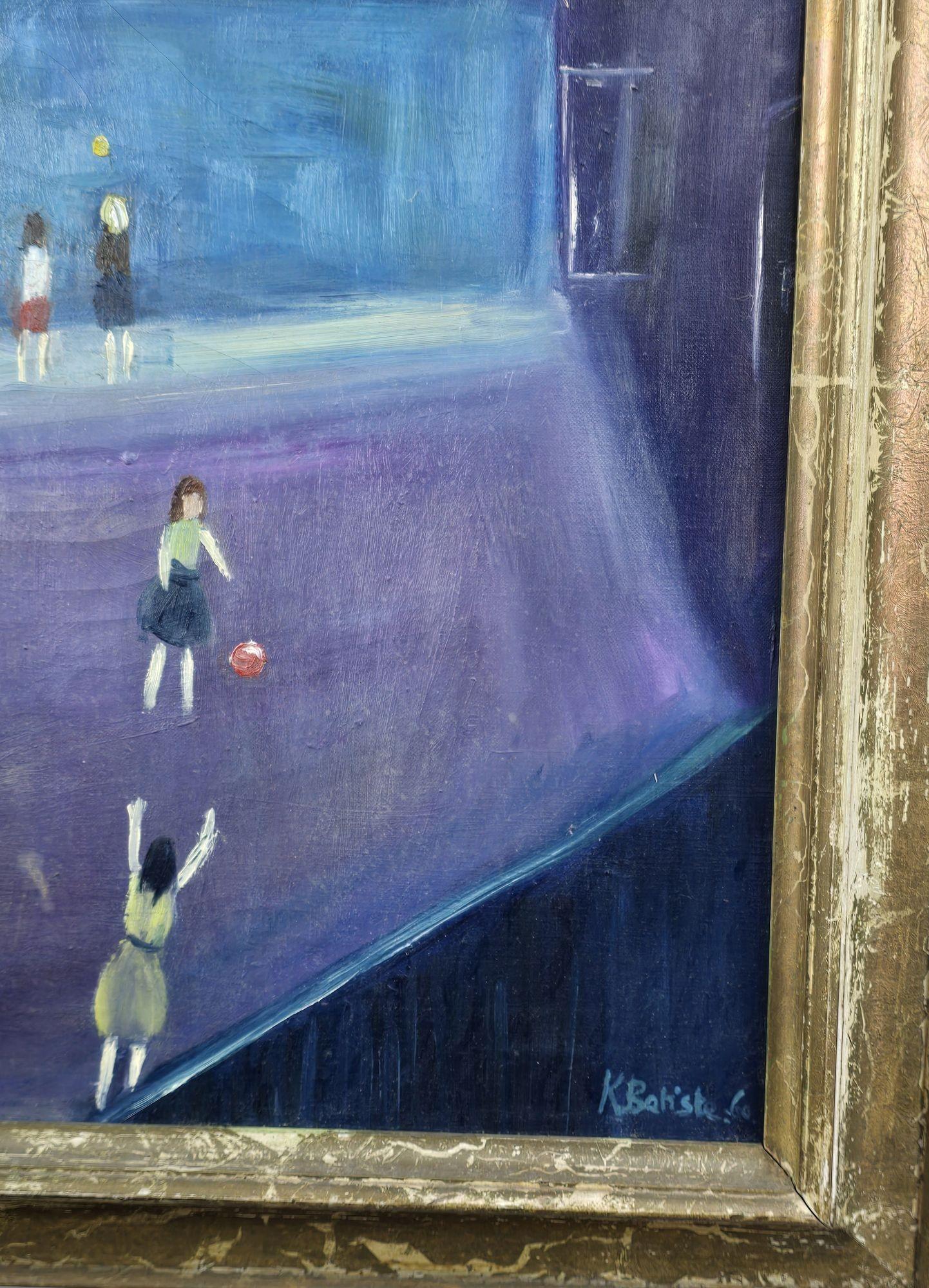 Mid-century Danish oil painting depicting children playing against a backdrop of a city scene, signed K Batiste '60.

Measurements
W 23'' x D 2.5'' x H 53.5''