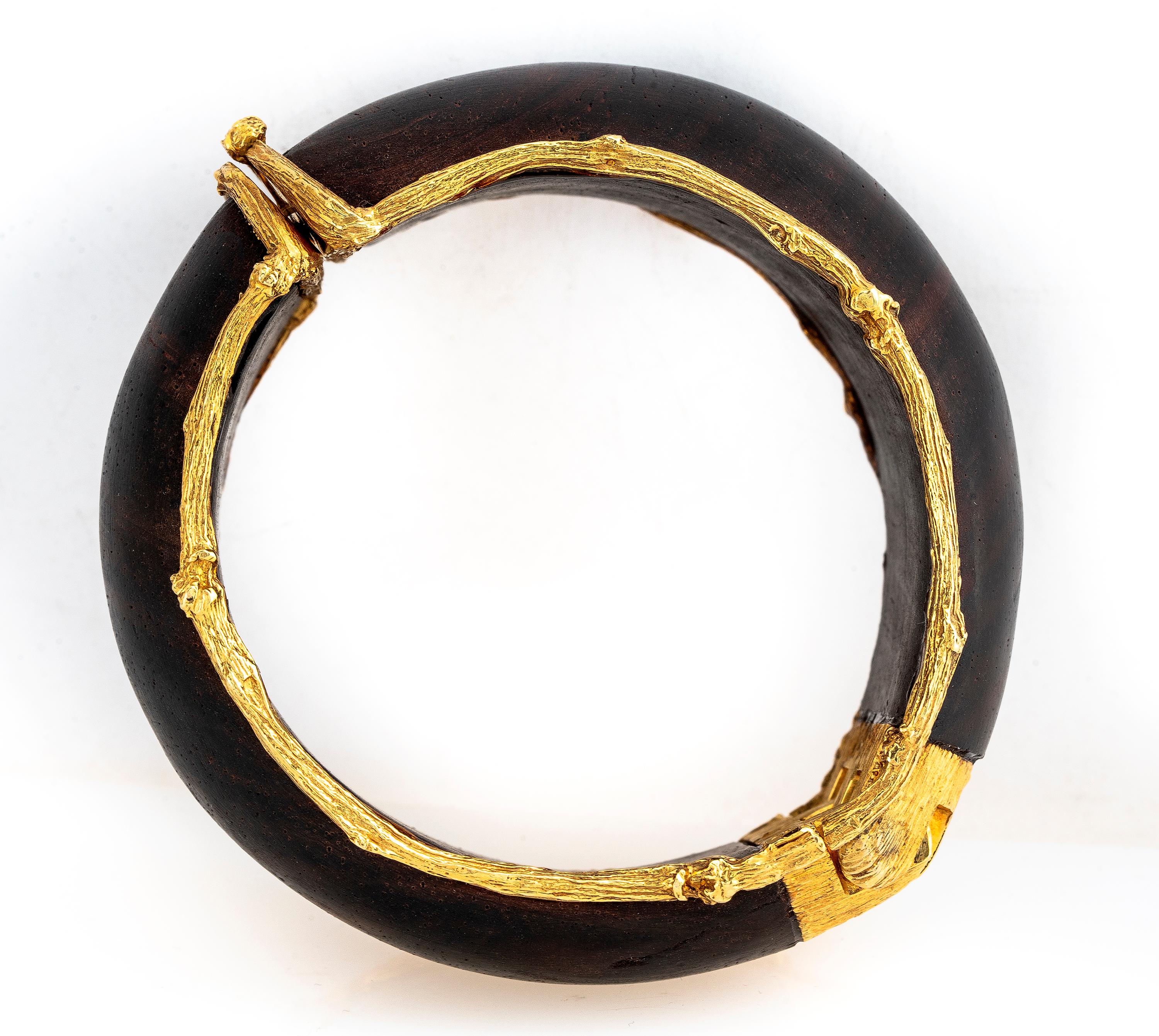 Women's or Men's K. Brunini 18 Karat Yellow Cocobolo Wood Twig Bangle Bracelet