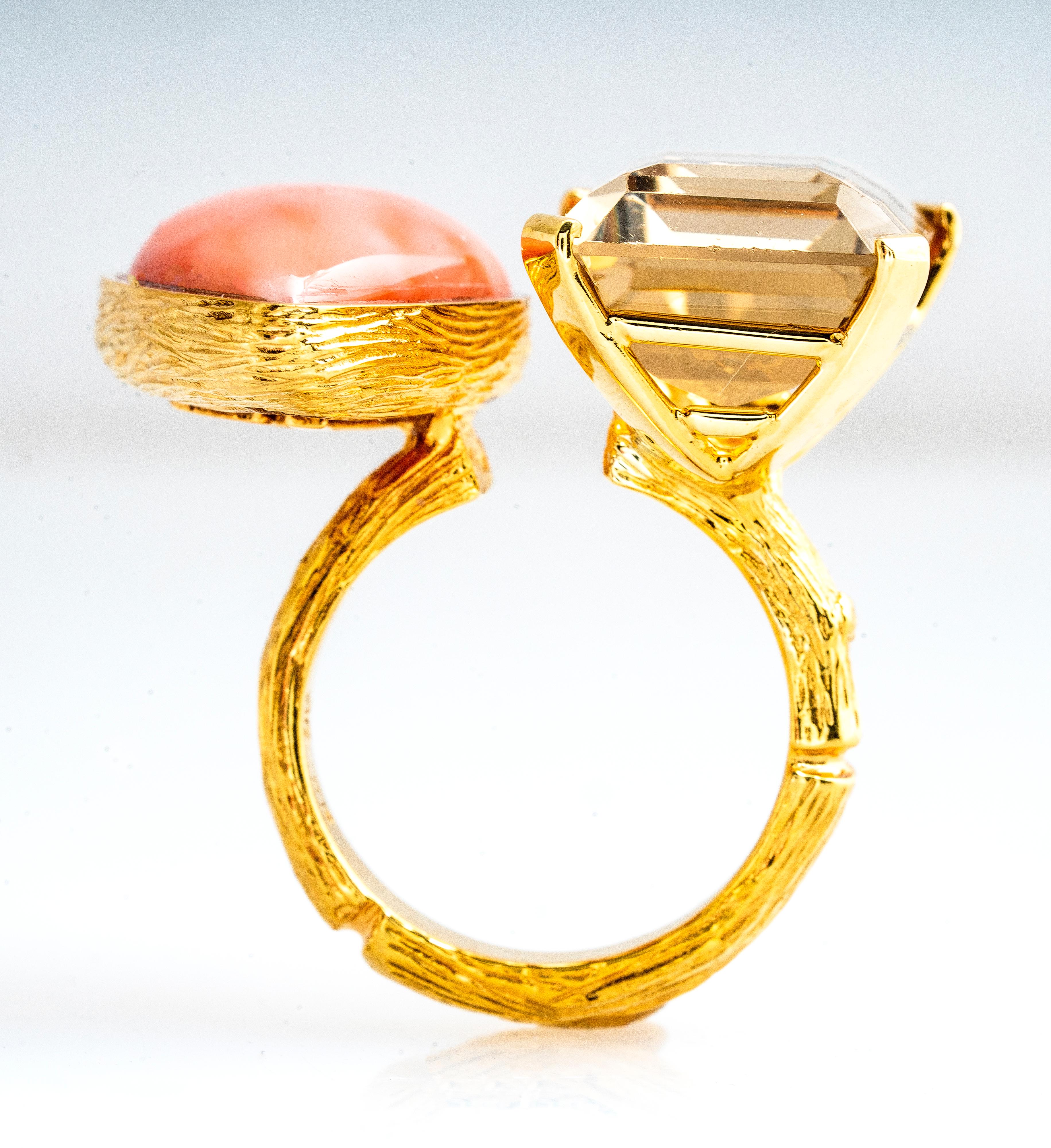 K. Brunini 18 Karat Yellow Coral and Quartz Twig Ring In Good Condition For Sale In San Diego, CA