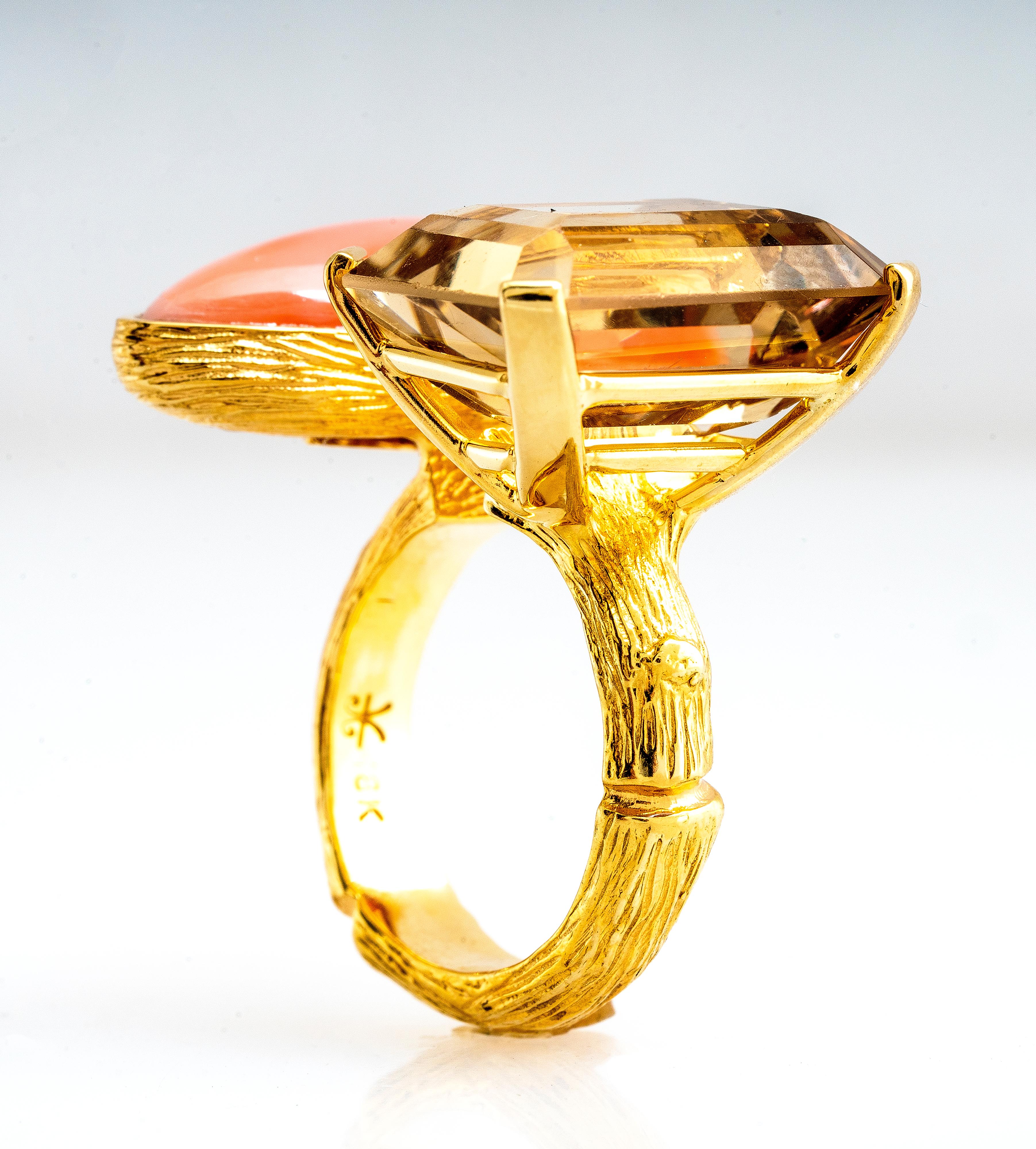 Women's or Men's K. Brunini 18 Karat Yellow Coral and Quartz Twig Ring For Sale