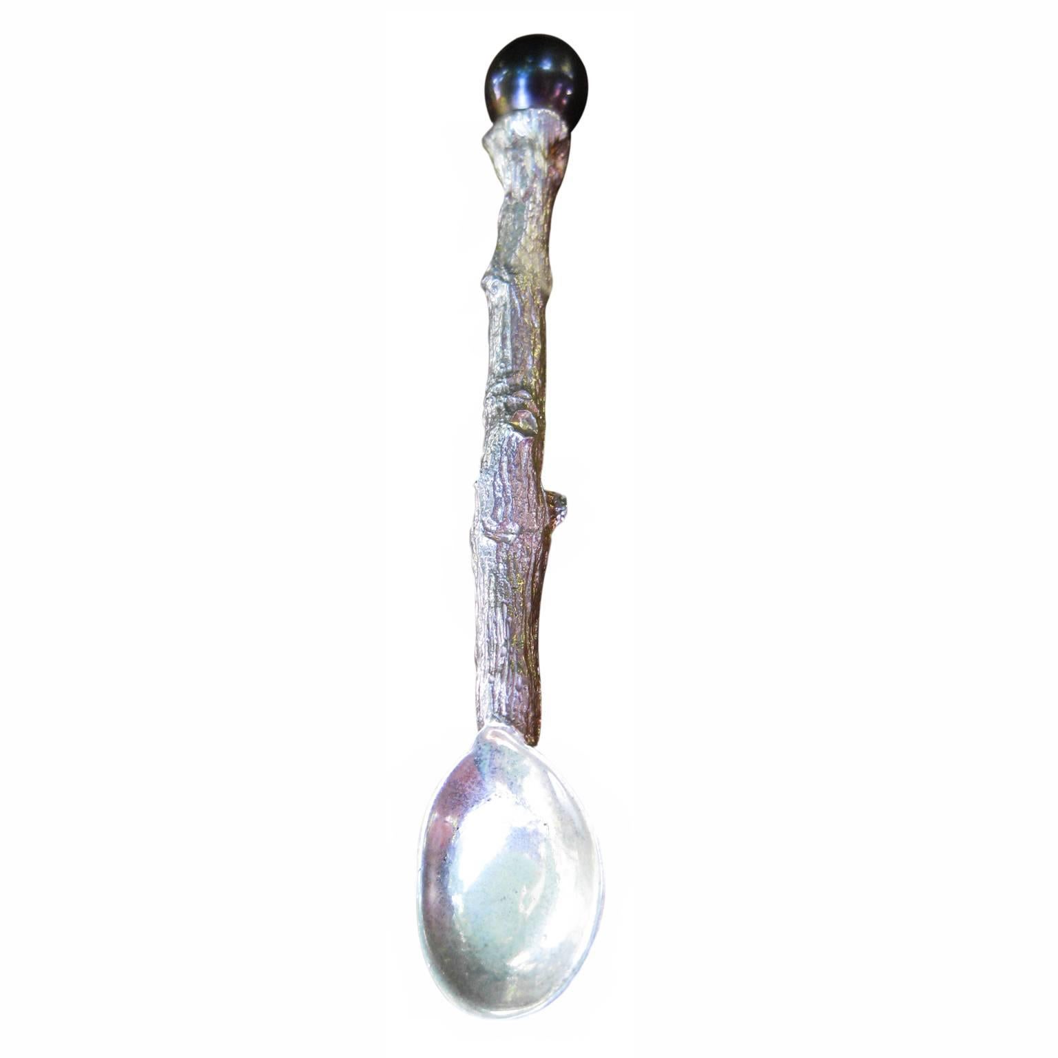 K. Brunini Twig Sterling Silver and Tahitian Pearl Salt Spoon In New Condition For Sale In Solana Beach, CA