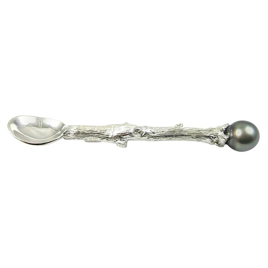 K. Brunini Twig Sterling Silver and Tahitian Pearl Salt Spoon For Sale
