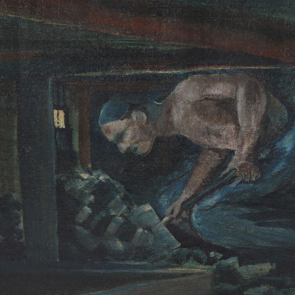 K. Glawe (20th Century)   An Industrial genre oil on canvas painting of coal miners, signed K. Glawe circa 1928.