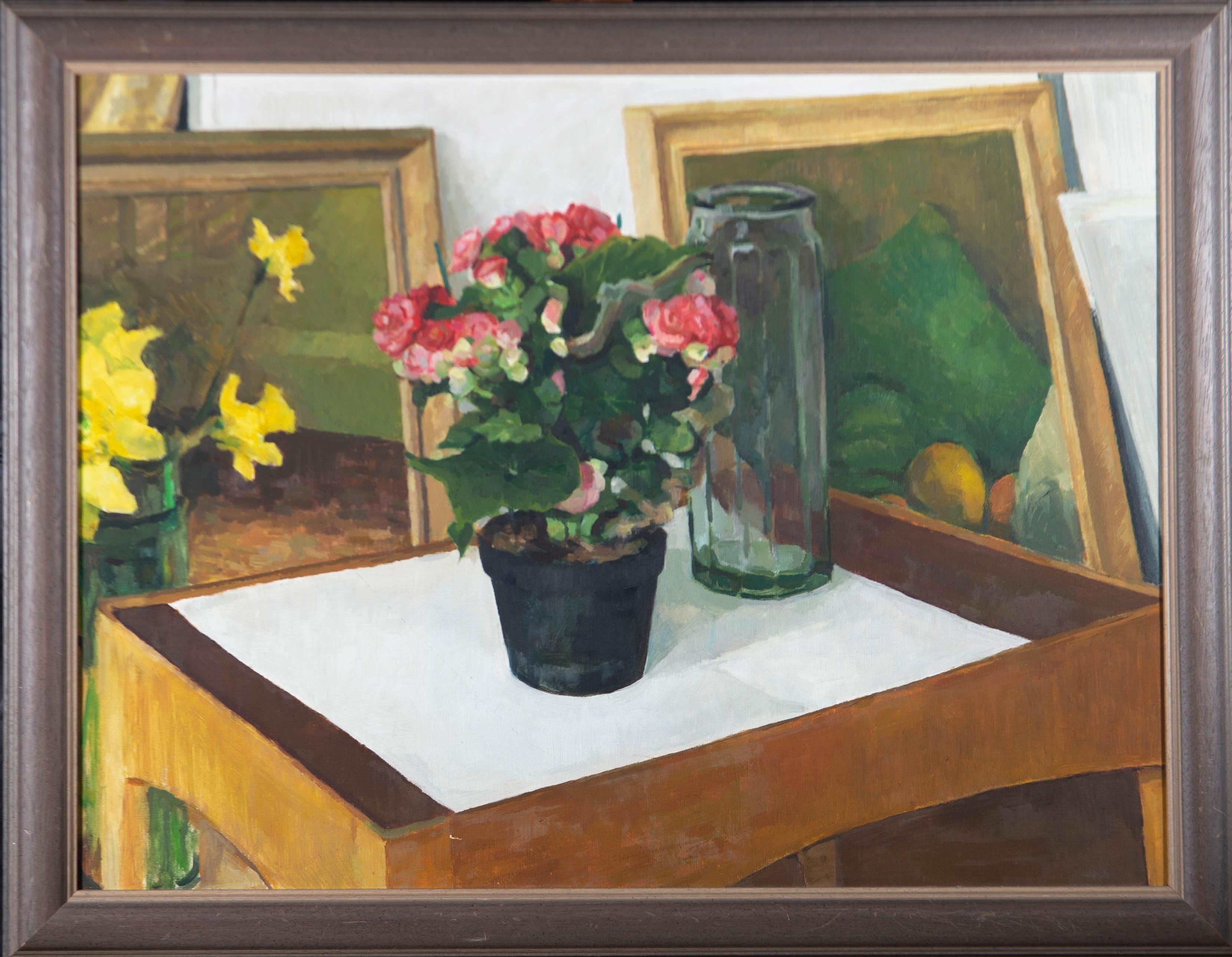 K. Gorman - 1992 Óleo, Planta en maceta sobre mesa de estudio 3