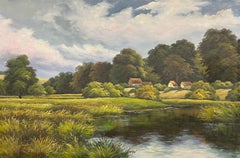 Large English River Landscape Countryside Landscape Signed Oil Painting