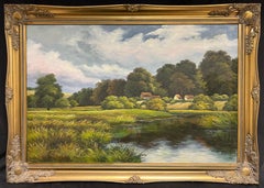 Large English River Landscape Countryside Landscape Signed Oil Painting