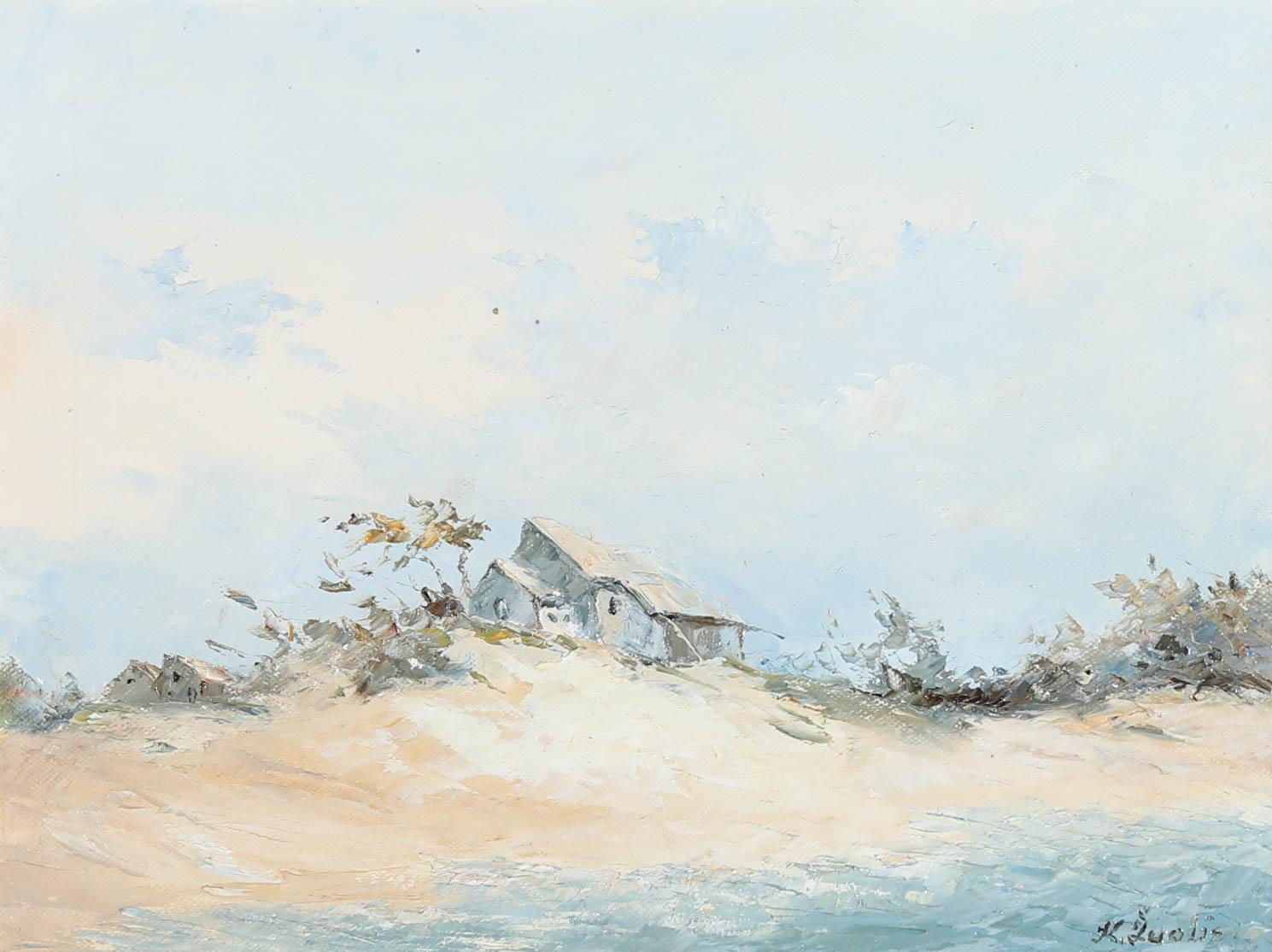 K. Juolis  - Olio del XX secolo incorniciato, Capanne sulla spiaggia in vendita 1