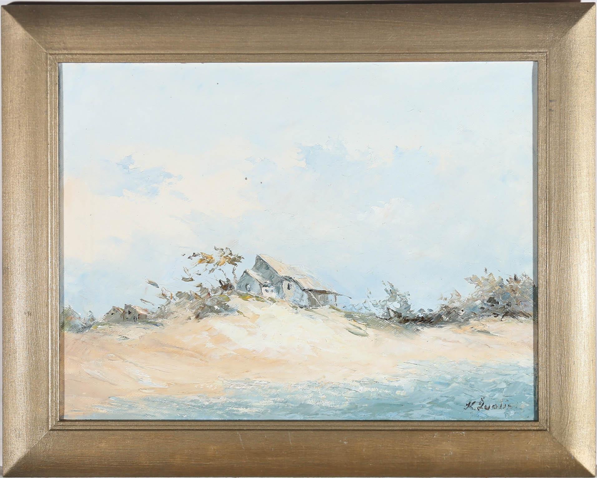 A simplistic and calming beach view with lodges bunkered between breezy trees and sand dunes. Signed to the lower right. Well-presented in a brushed gilt frame. On canvas on stretchers.
