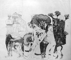 Vintage Indian Artist Surreal Modern Etching Eroticism Rural Figurative Animals 
