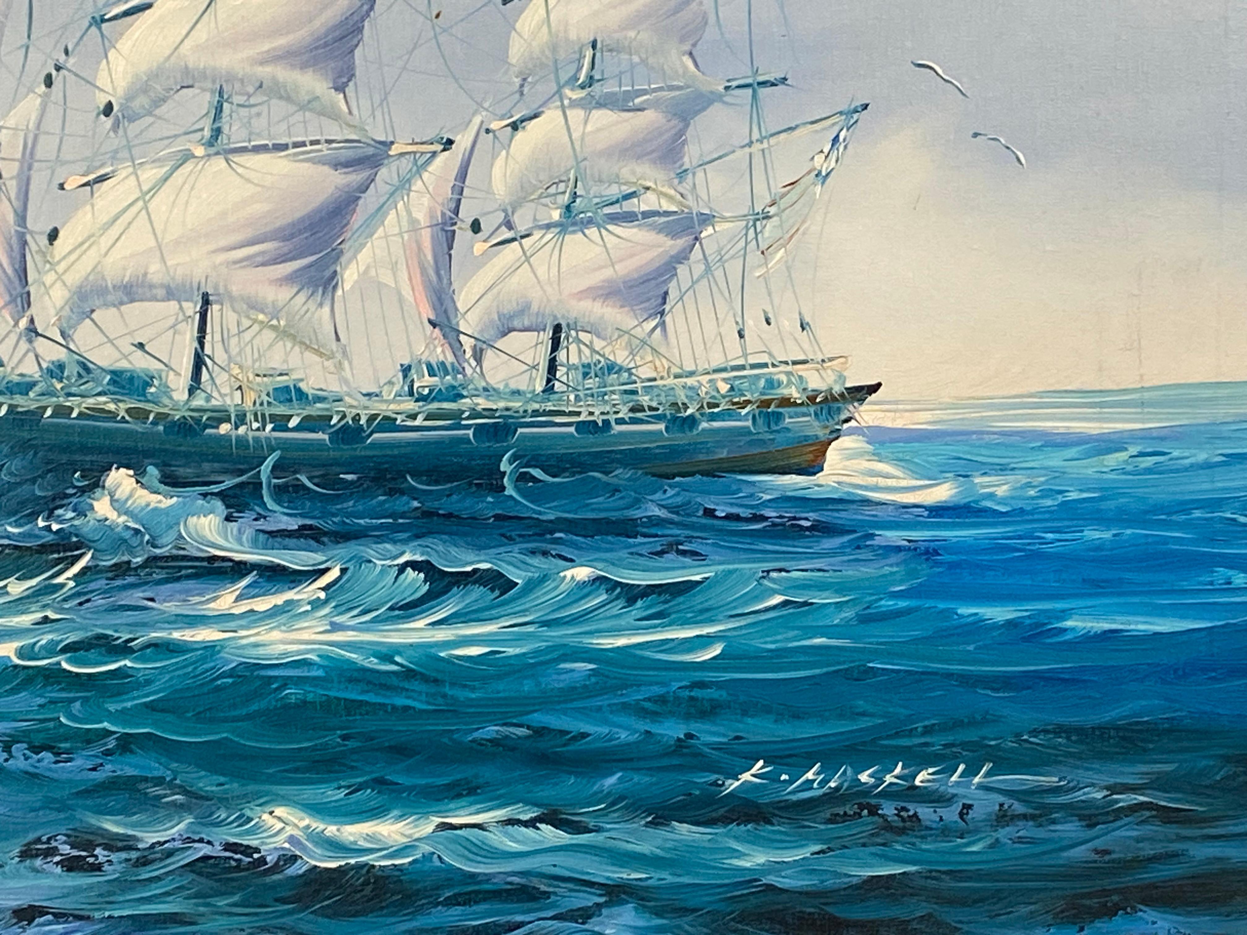 Original oil on canvas painting of a three mast clipper under full sail. Signed by the artist lower right. Condition is very good to excellent. Mild stretcher bar wear top. Circa 1980. The painting is housed in a solid oak wood frame in walnut