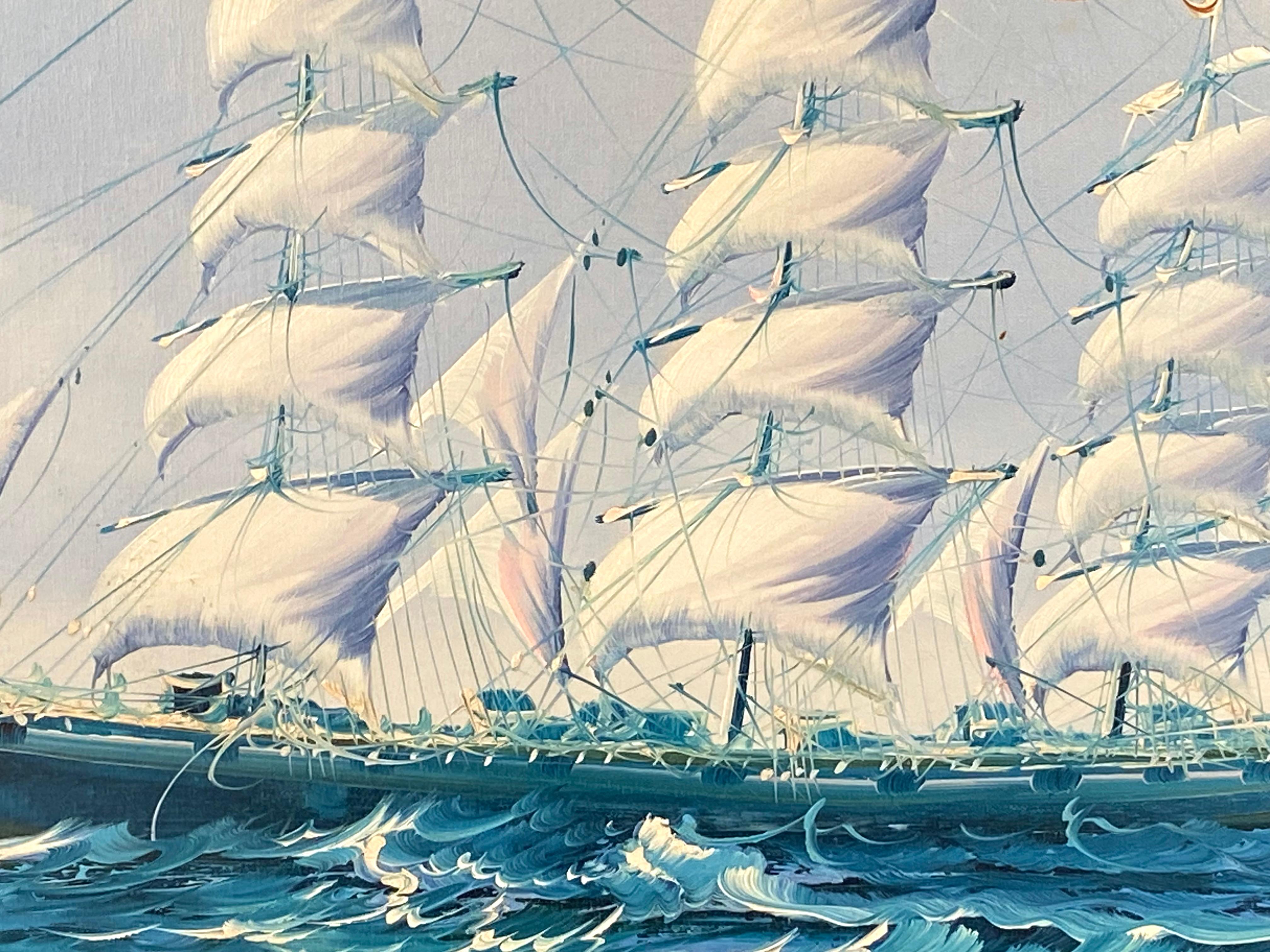 Originalgemälde in Öl auf Leinwand eines Dreimastklippers unter vollen Segeln. Signiert vom Künstler unten rechts. Der Zustand ist sehr gut bis ausgezeichnet. Mild Bahre tragen oben. Circa 1980. Das Gemälde ist in einem massiven Eichenholzrahmen in
