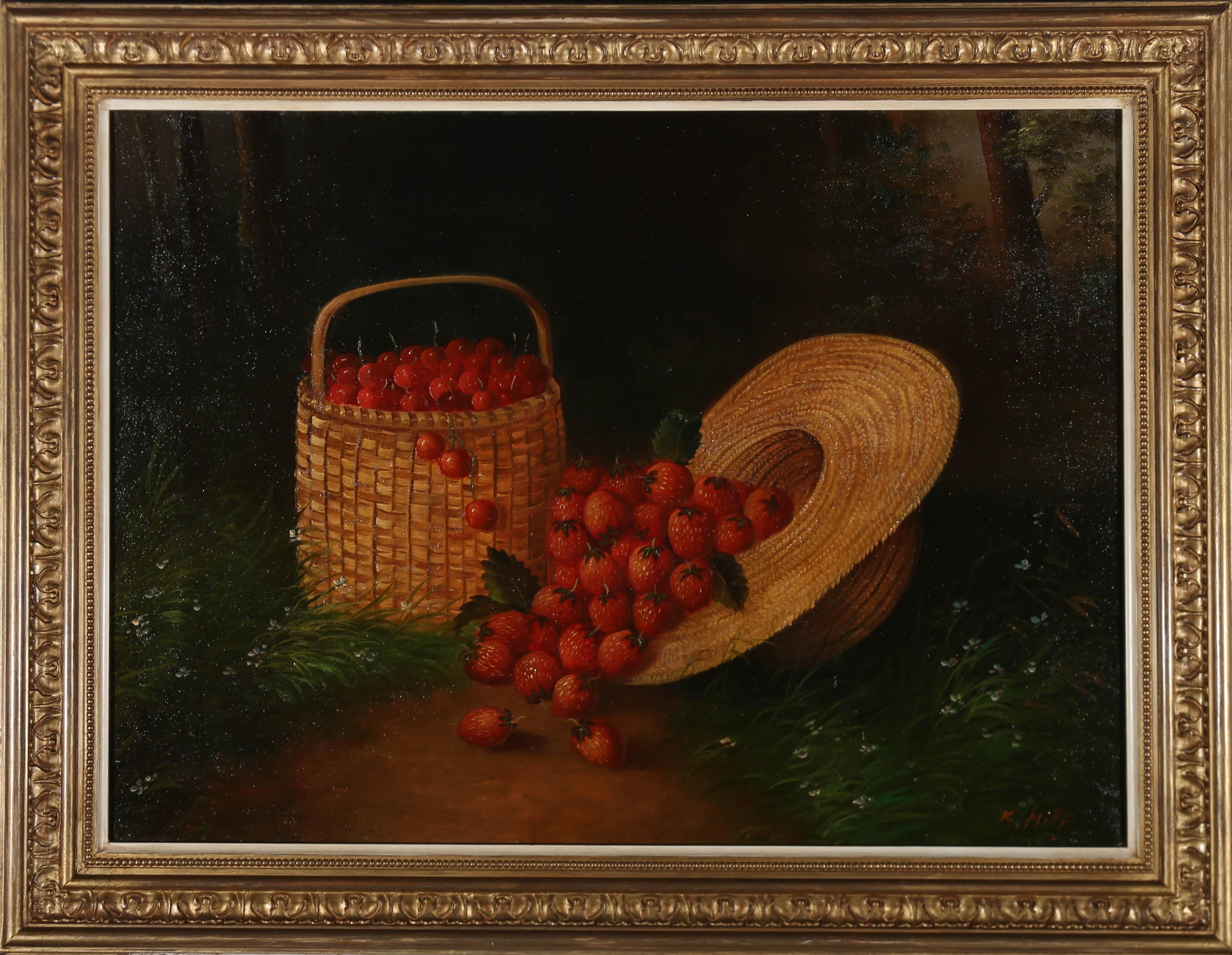 A charming study depicting a strawberries spilling frame a straw hat. Next to the hat a basket of ripe cherries sits in the forest grass. Signed to the lower right. Presented in a decorative gilt frame with foliate acanthus details and a beaded