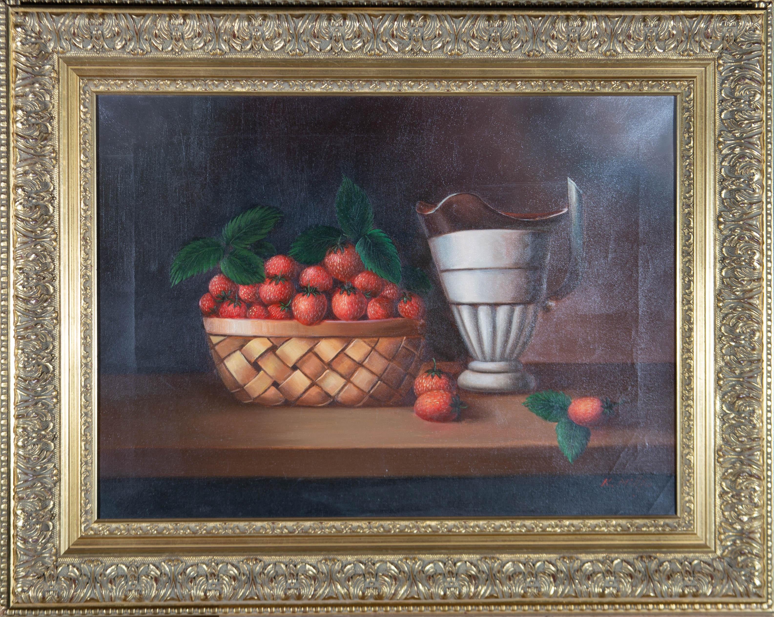 A tantalizing still life showing a woven basket full of juicy strawberries, accompanied by a glass pitcher of cream. The artist has signed to the lower right corner and the painting has been presented in a handsome contemporary frame with foliate