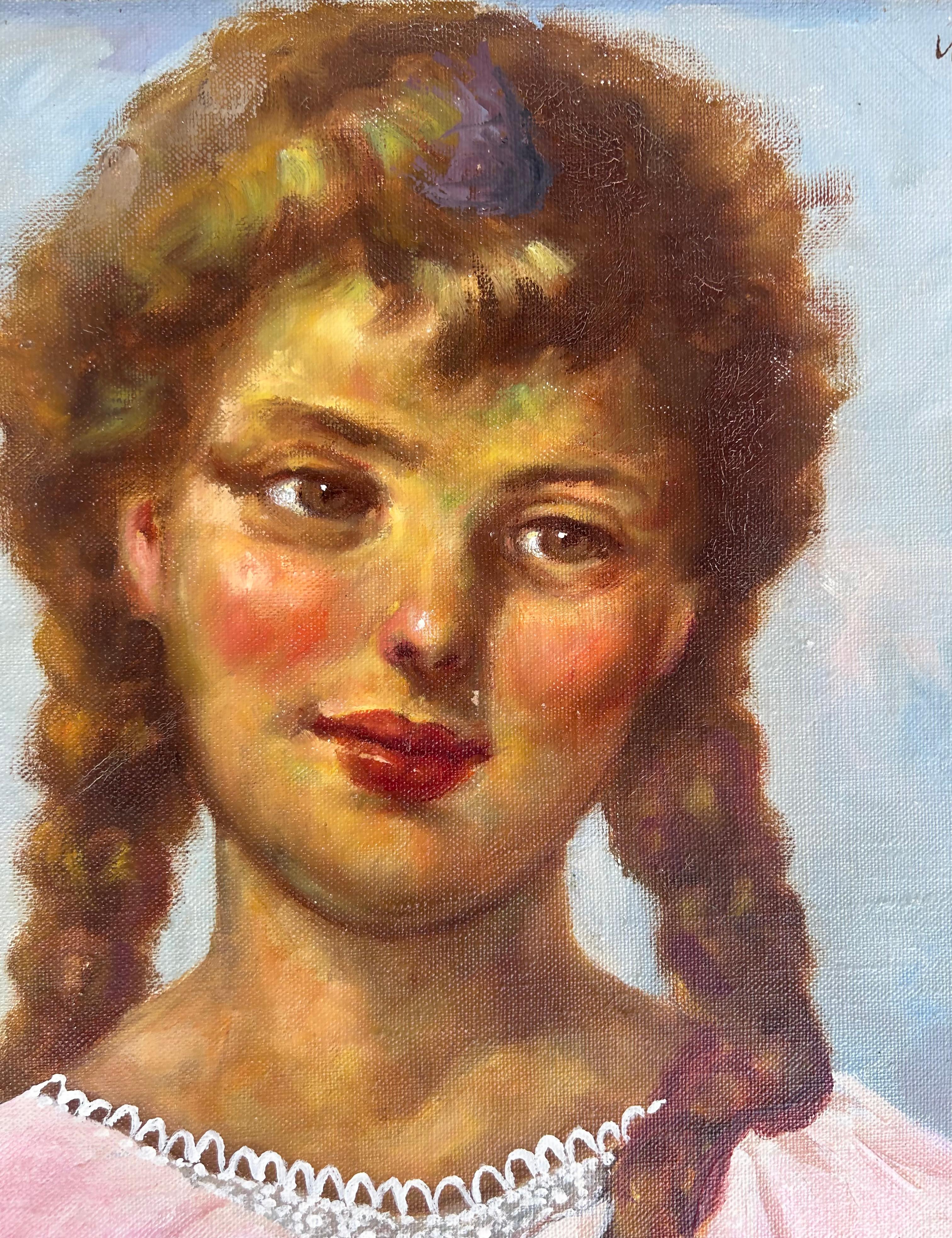  K. Naggi VIntage Illustration Oil Painting, Girl with Pigtails 


Offered for sale is a vintage portrait of a girl with braids holding an apple. The painting is signed in the upper right K. Naggi. The work is painted in an illustration style. The