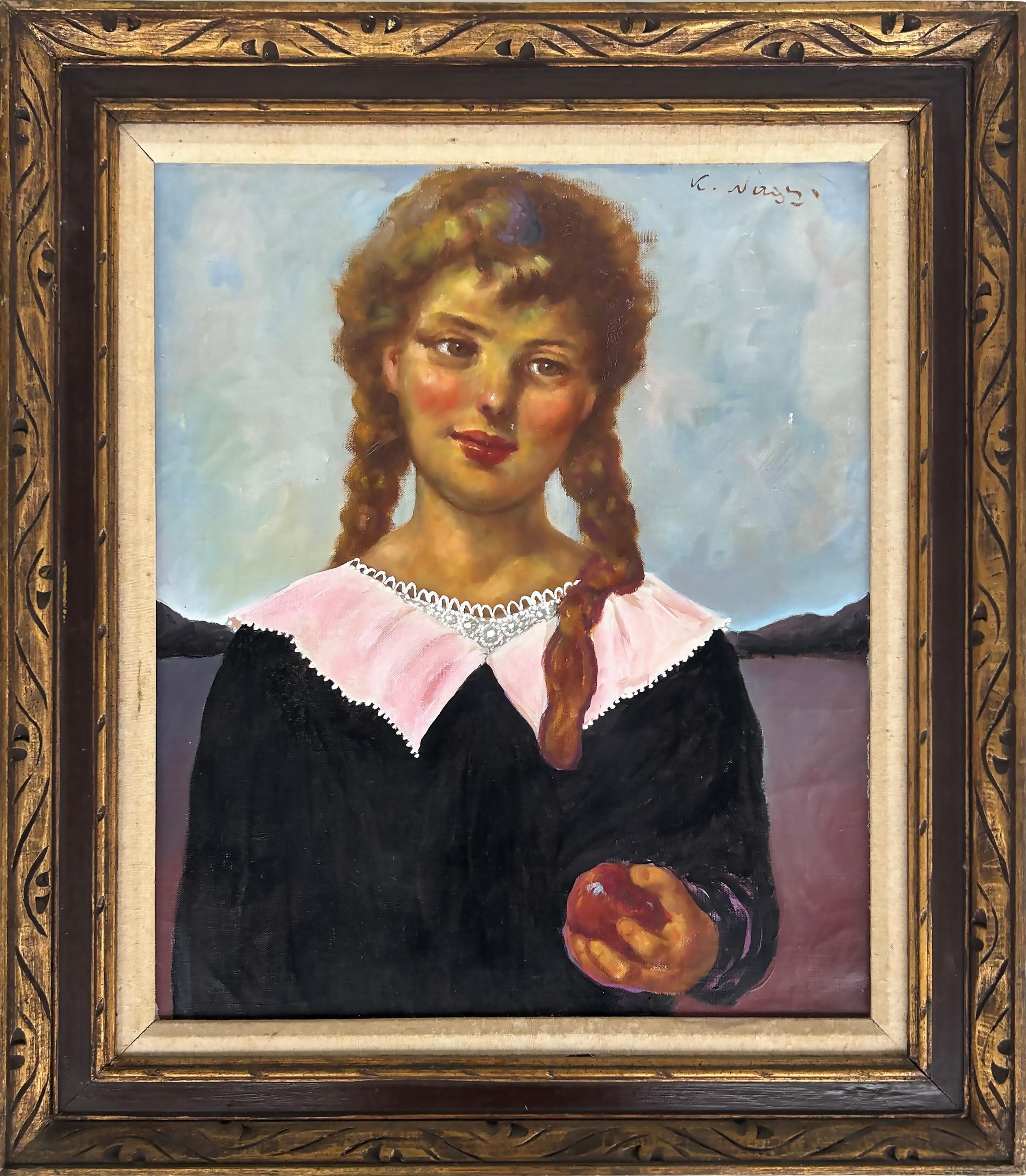20th Century  K. Naggi VIntage Illustrative Oil Painting, Girl with Pigtails  For Sale