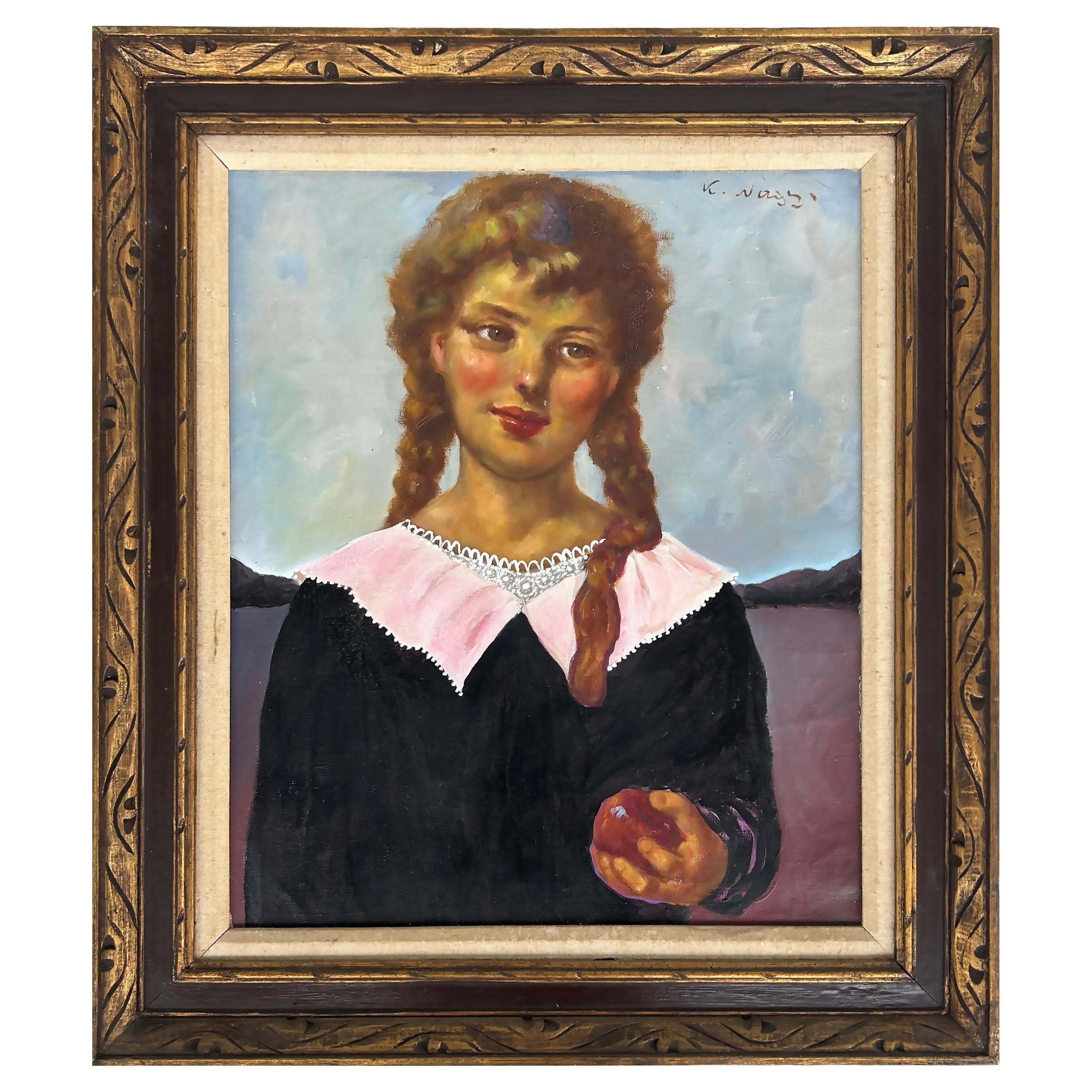  K. Naggi VIntage Illustrative Oil Painting, Girl with Pigtails  For Sale