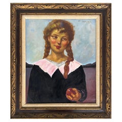 K. Naggi VIntage Illustrative Oil Painting, Girl with Pigtails 
