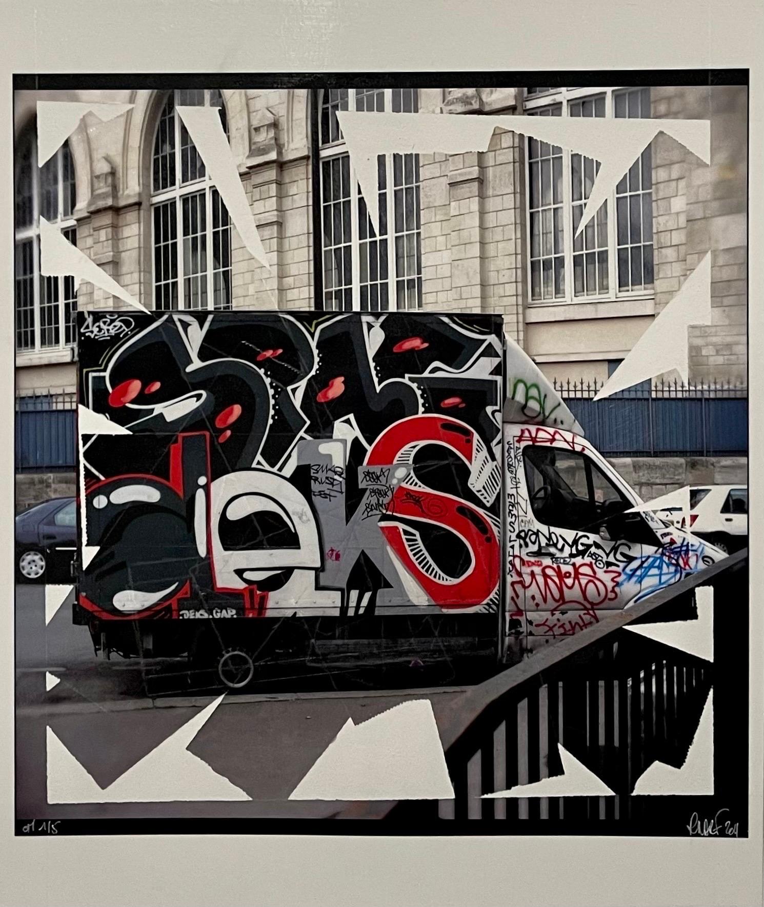 K-narf, French (b. 1970)
Collage photo artwork (Graffiti Vans) (2011)
Tape-o-graph photography
Signed lower right, numbered 1/5 
16 x 12 7/8 inches

K-NARF was born in 1970 in Saint-Etienne, France and now lives in Tokyo. 
K-NARF invented