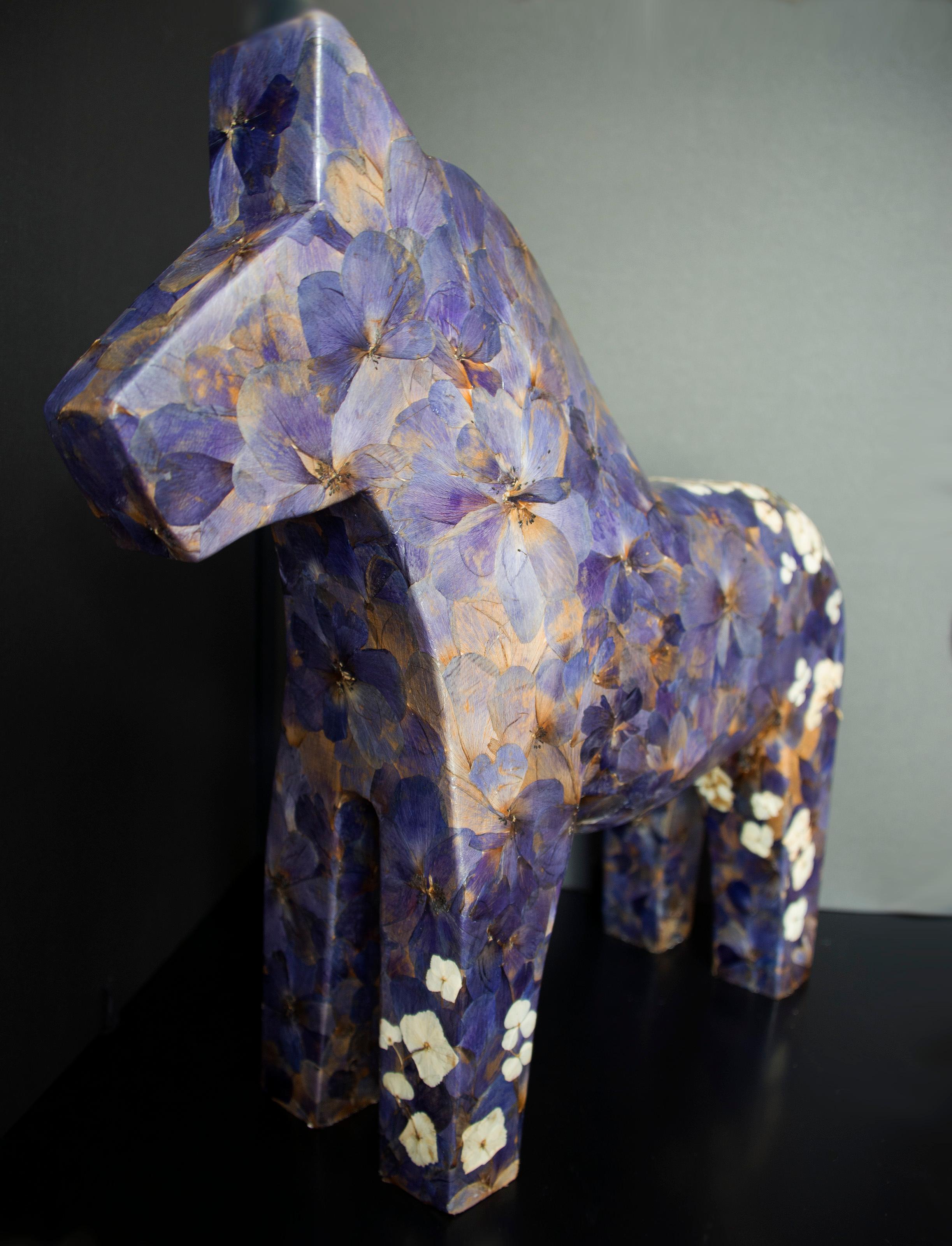 K-OD Figurative Sculpture - Hanami, pressed flowers on wood horse 