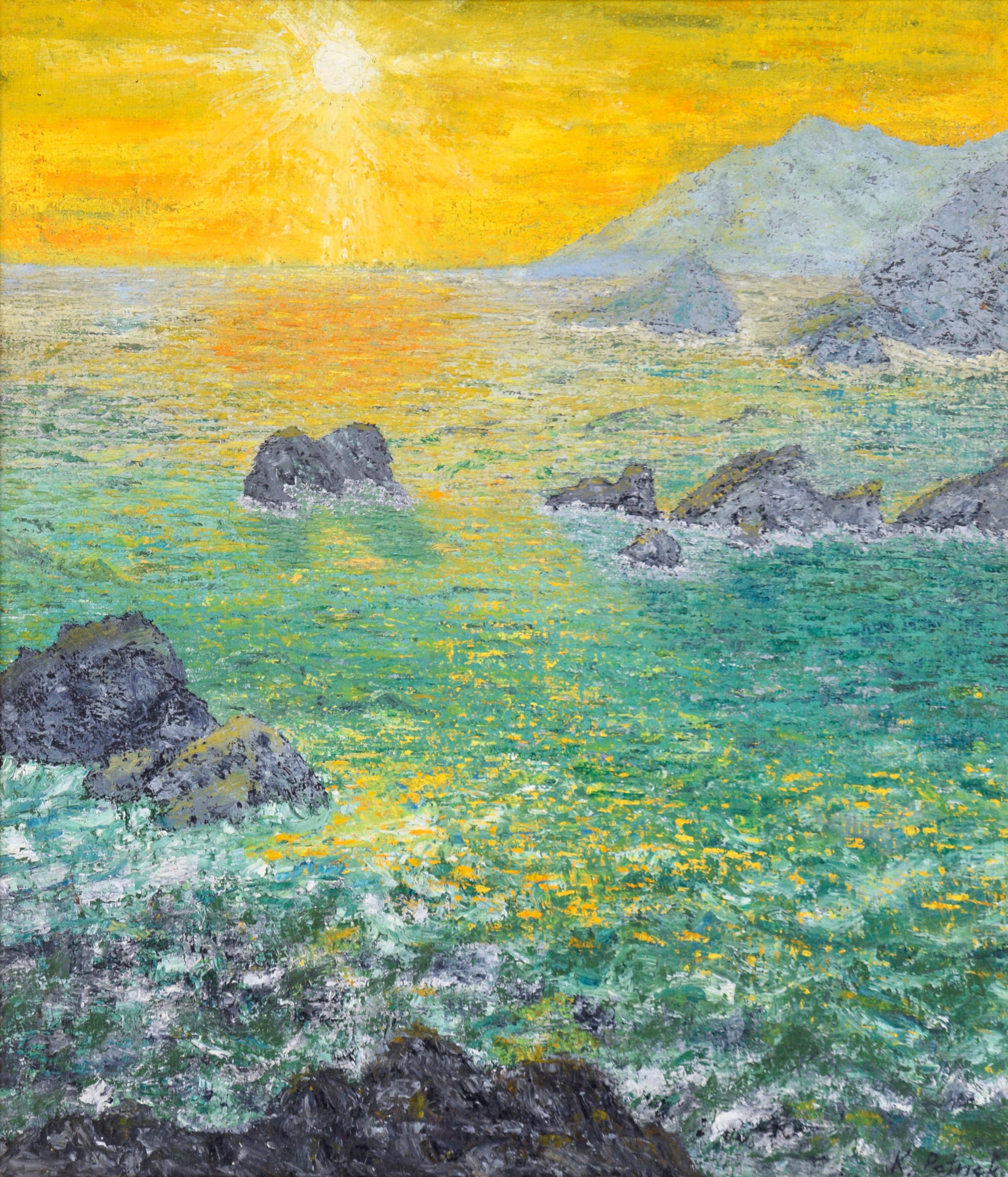 Tramonto luminoso sull'oceano - Paesaggio marino in olio su tela - Painting di K Patrick