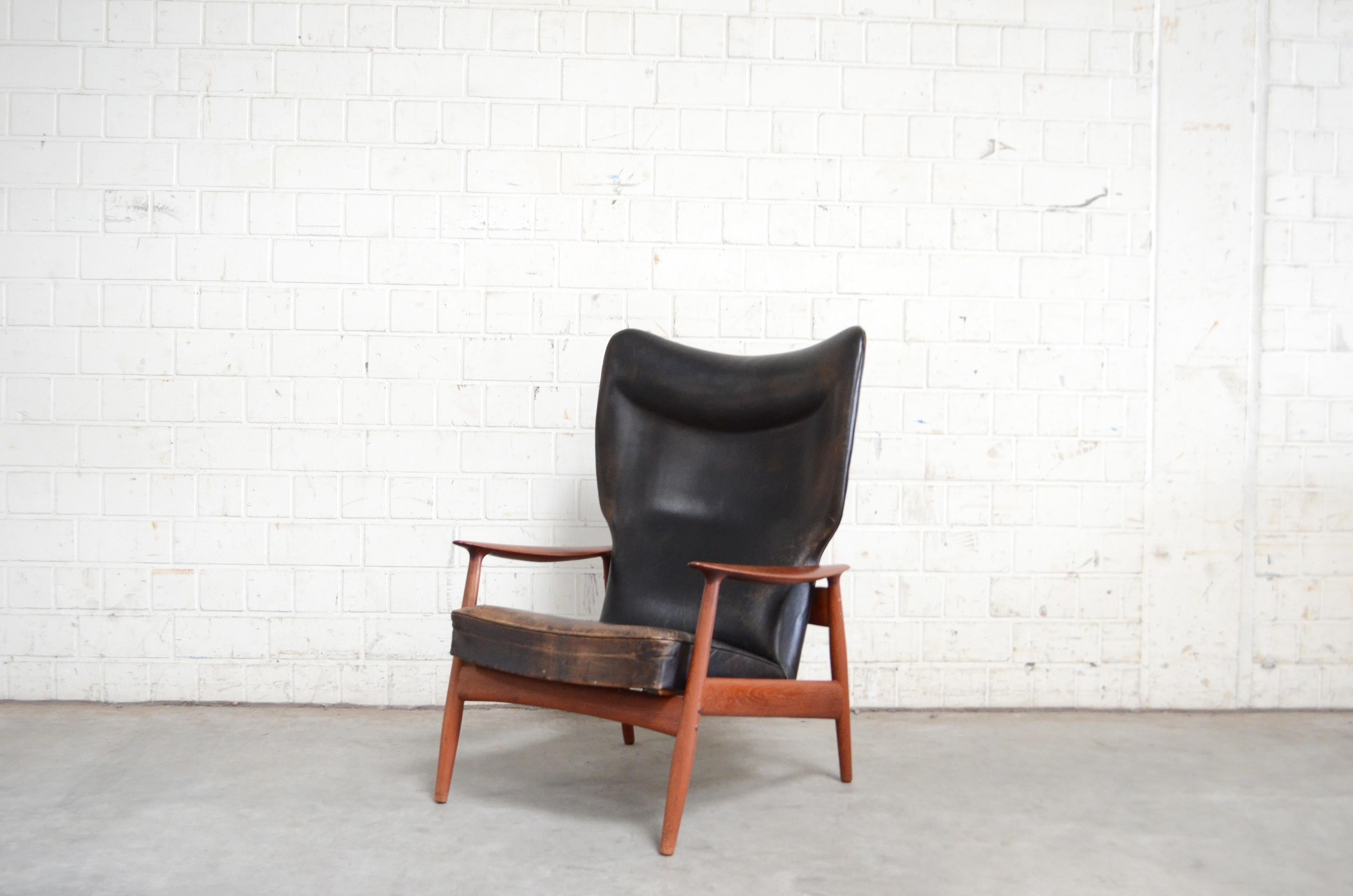 Scandinavian Modern K. Rasmussen for Peter Wessel Wingback Leather Lounge Chair, 1960 For Sale