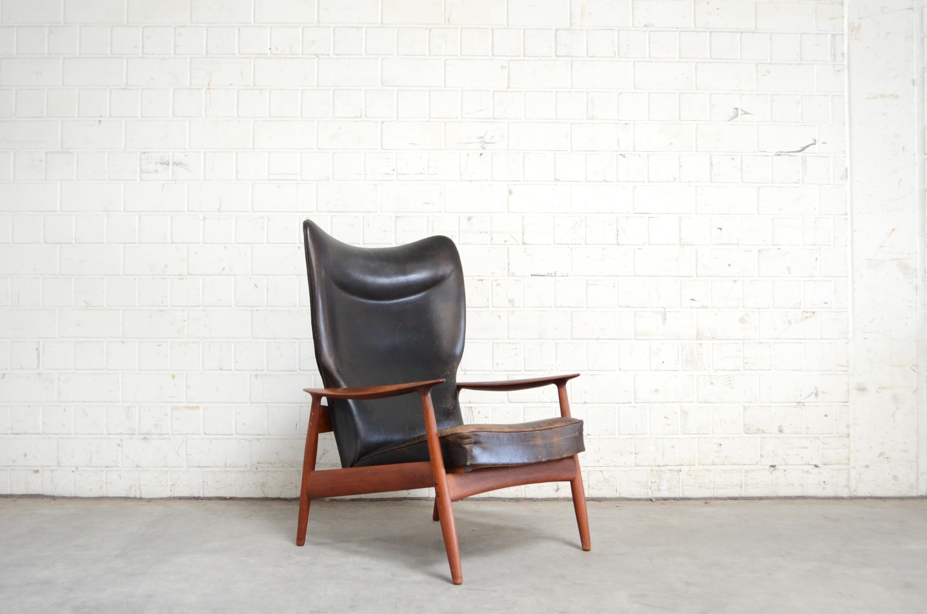 20th Century K. Rasmussen for Peter Wessel Wingback Leather Lounge Chair, 1960 For Sale