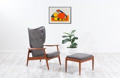 K. Rasmussen Leather and Teak Wingback Lounge Chair with Ottoman