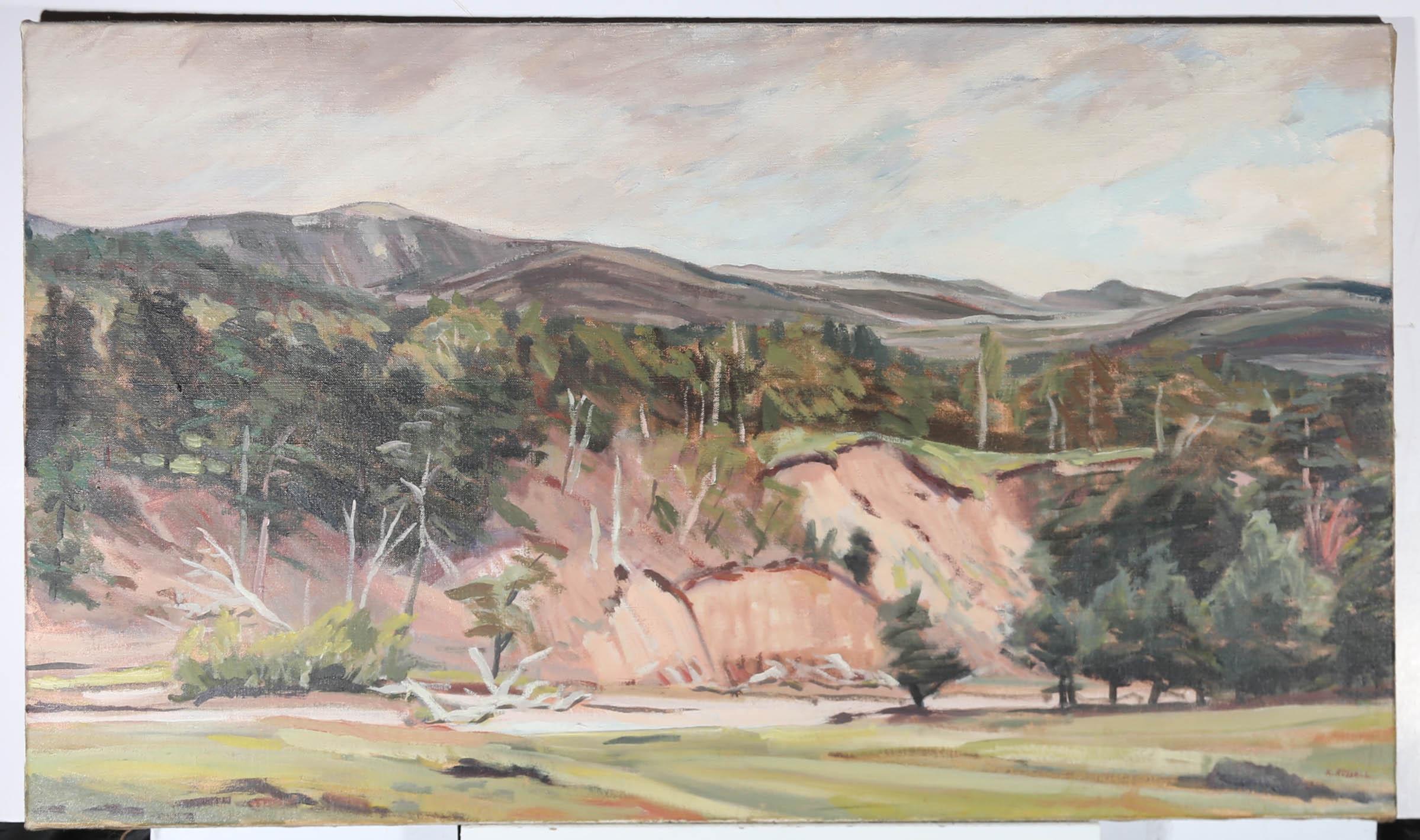 K. Russell – Ölgemälde, Landschaft am Fluss Dulnain, 20. Jahrhundert im Angebot 1