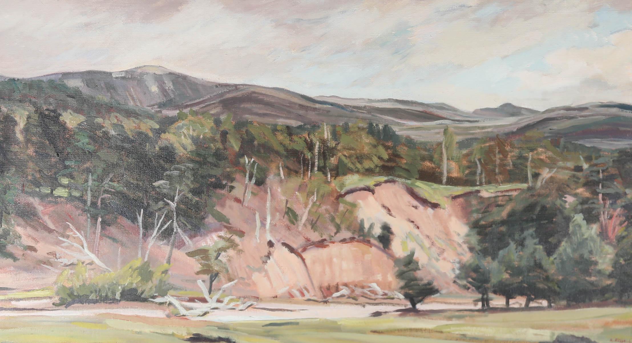 A peaceful panoramic view of the Scottish landscape, elevated in levels above Speyside's River Dulnain. The painting holds a second preparatory landscape by the artist on the reverse. Signed. On canvas on stretchers. 