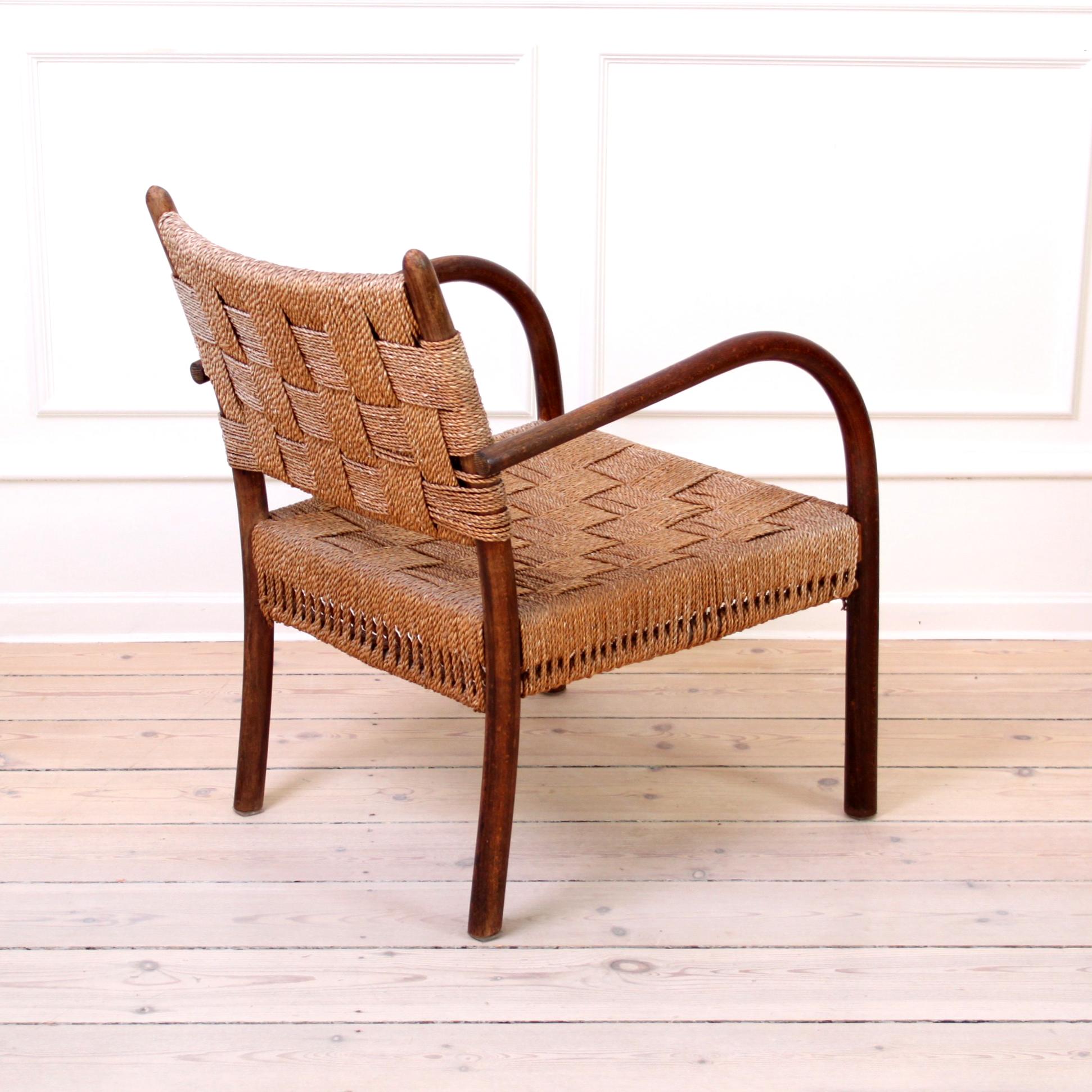 Mid-Century Modern K. Scröder Armchair, Stained Beech and Woven Seagrass, 1930s