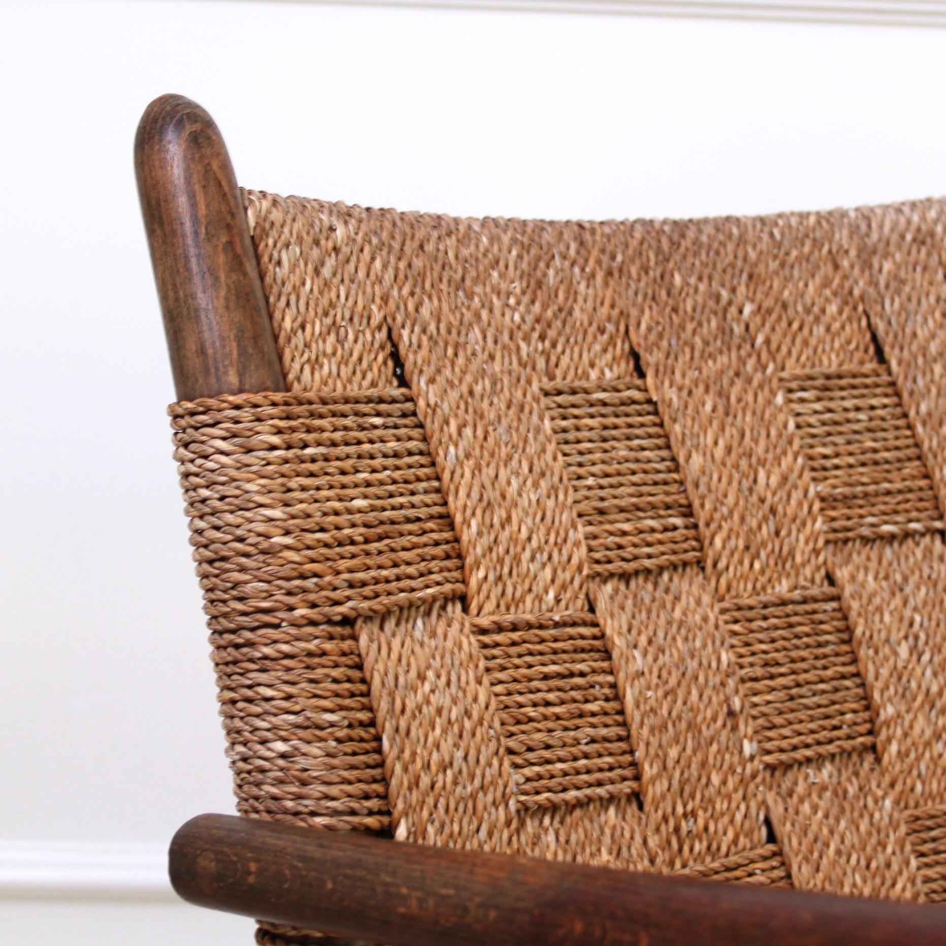 Danish K. Scröder Armchair, Stained Beech and Woven Seagrass, 1930s