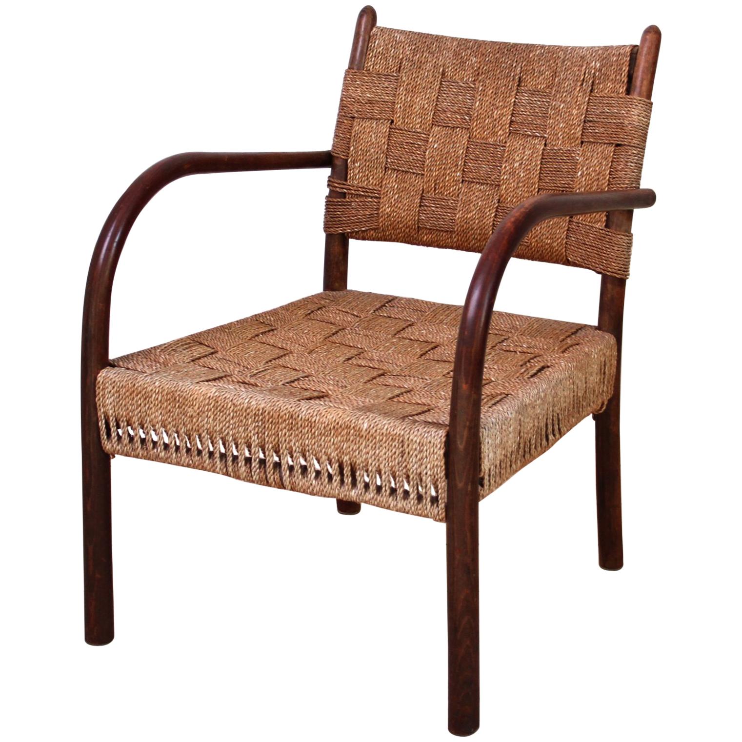 K. Scröder Armchair, Stained Beech and Woven Seagrass, 1930s