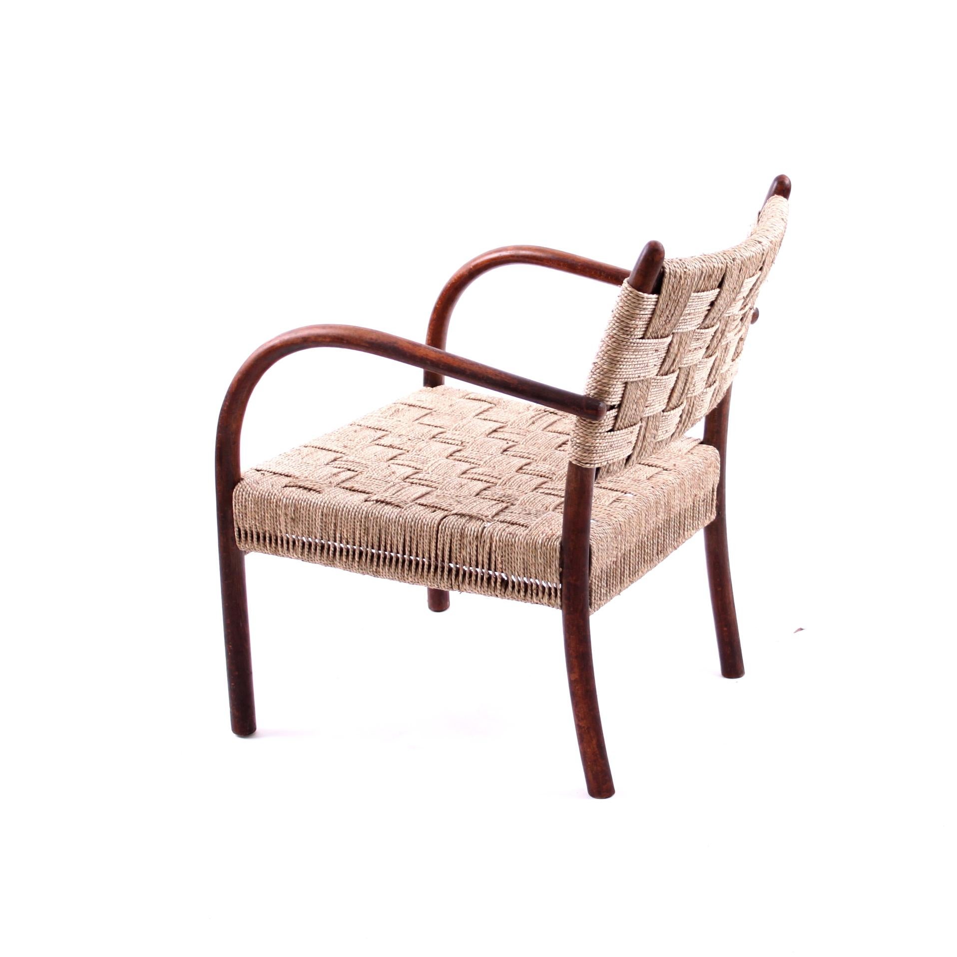 Mid-Century Modern K. Scröder Armchair, Stained Beech and Woven Seagrass, Denmark, 1930s