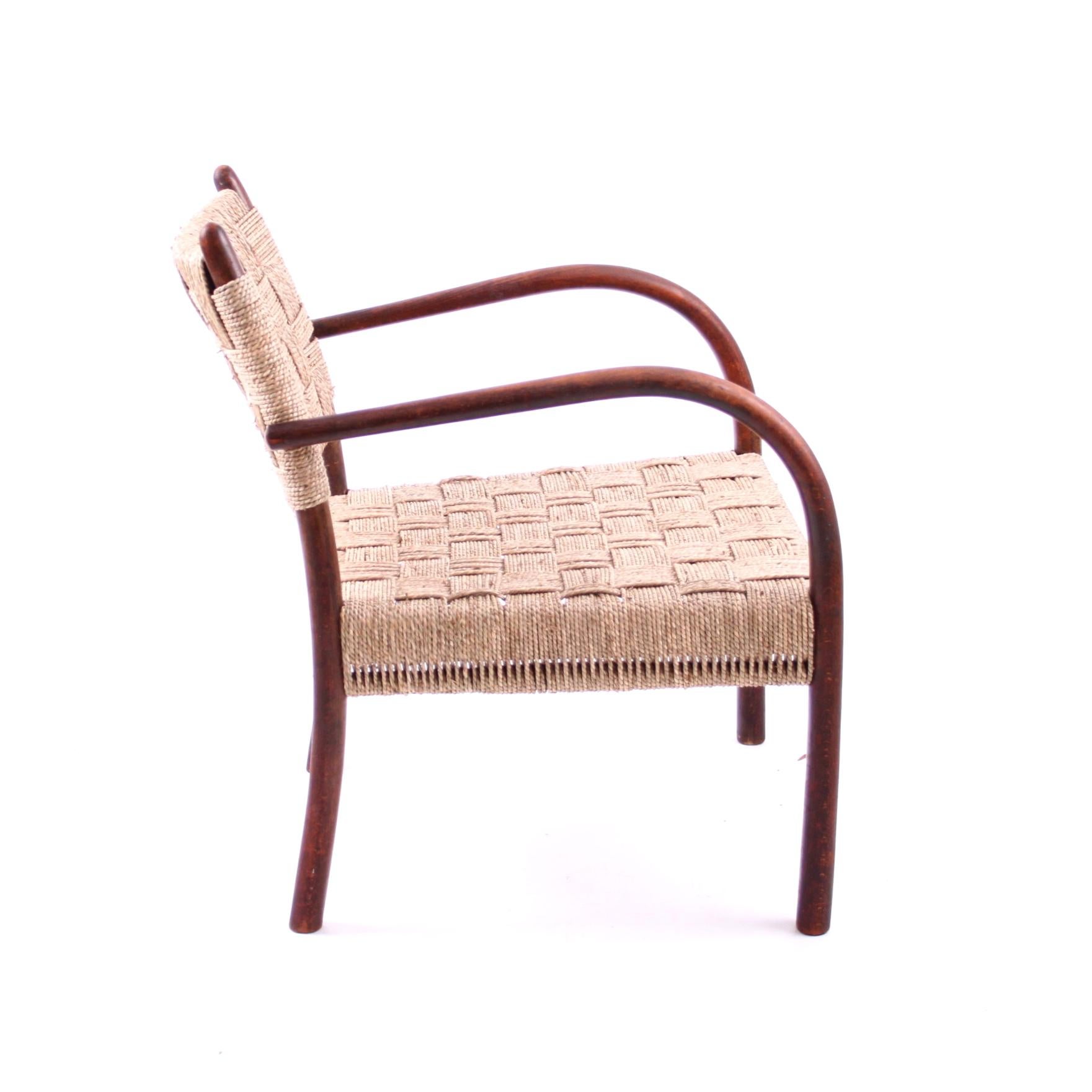 Danish K. Scröder Armchair, Stained Beech and Woven Seagrass, Denmark, 1930s