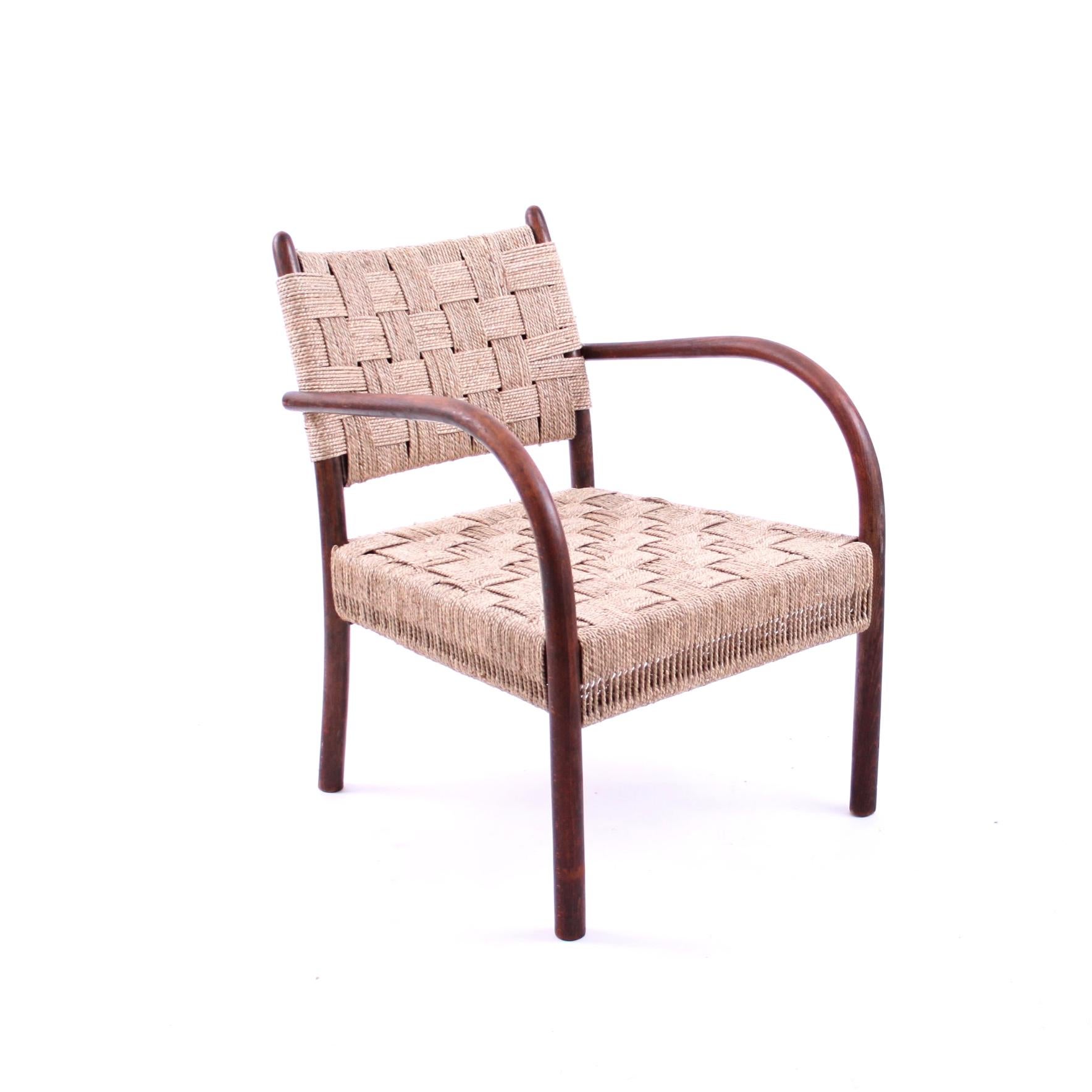 K. Scröder Armchair, Stained Beech and Woven Seagrass, Denmark, 1930s In Good Condition In Copenhagen, DK