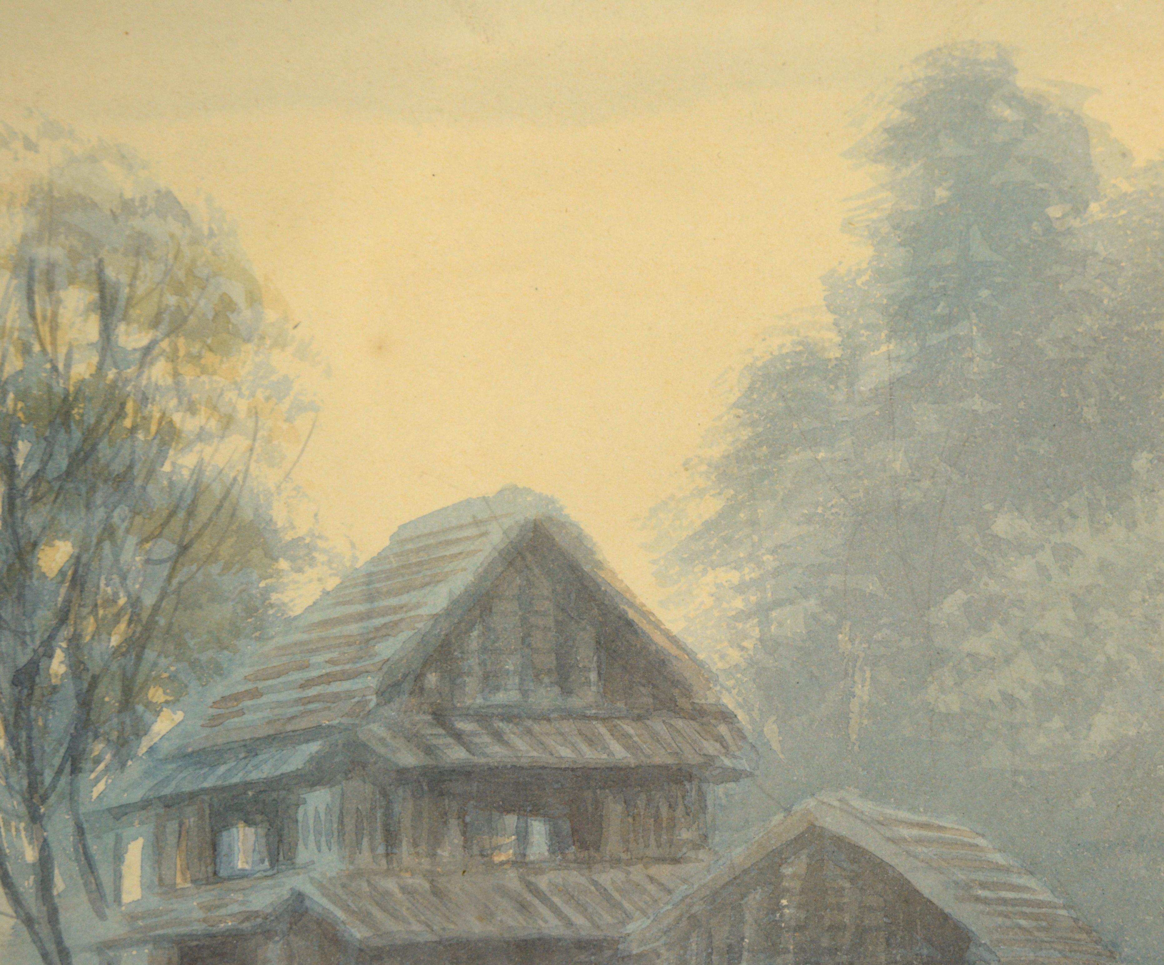 Casas al borde del río - Acuarela japonesa sobre papel - Painting Impresionista de K. Seki