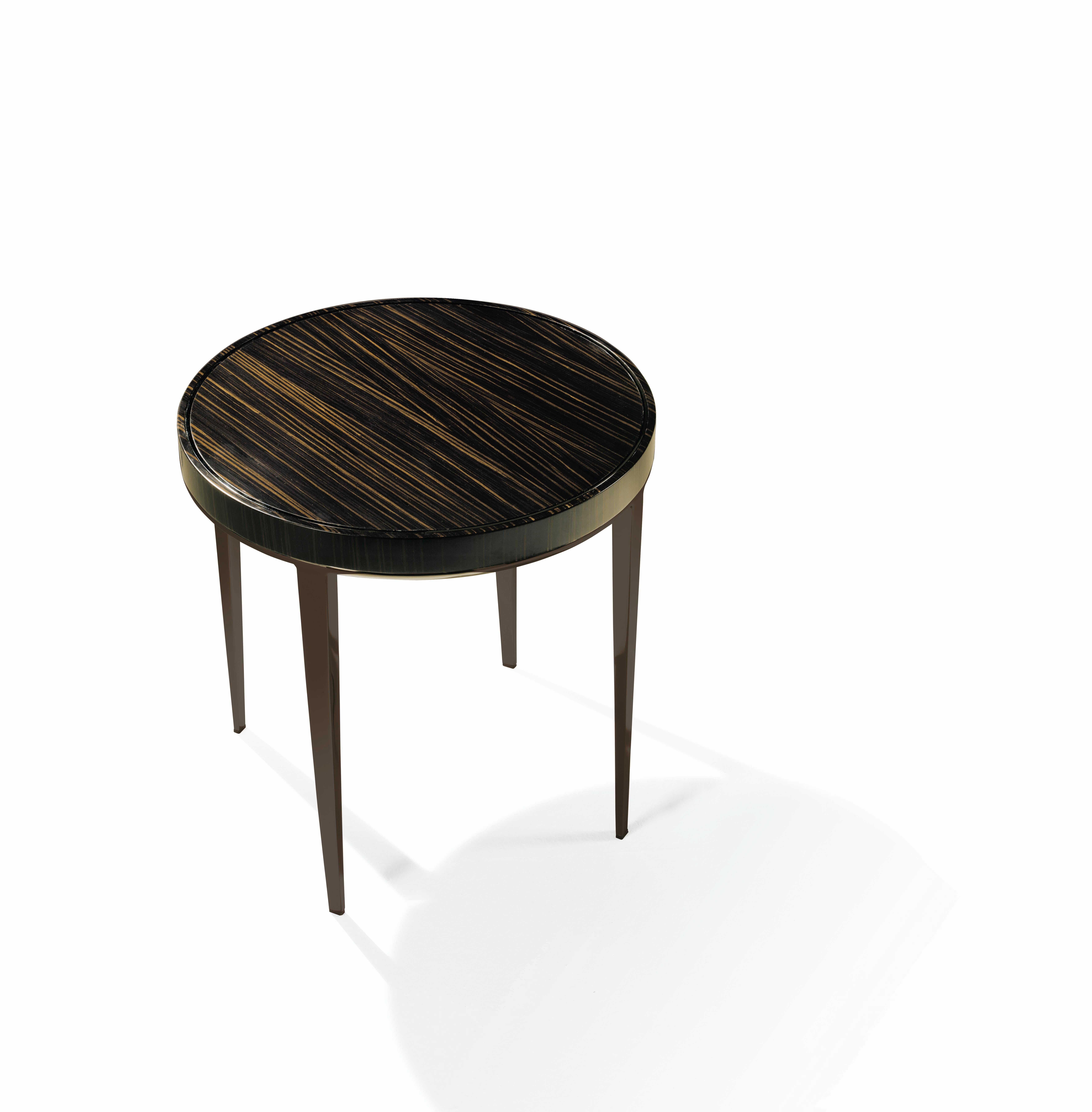 Top and edge in dark stained Ebony matte finish, polished black nickel trim on top, polished black nickel legs.