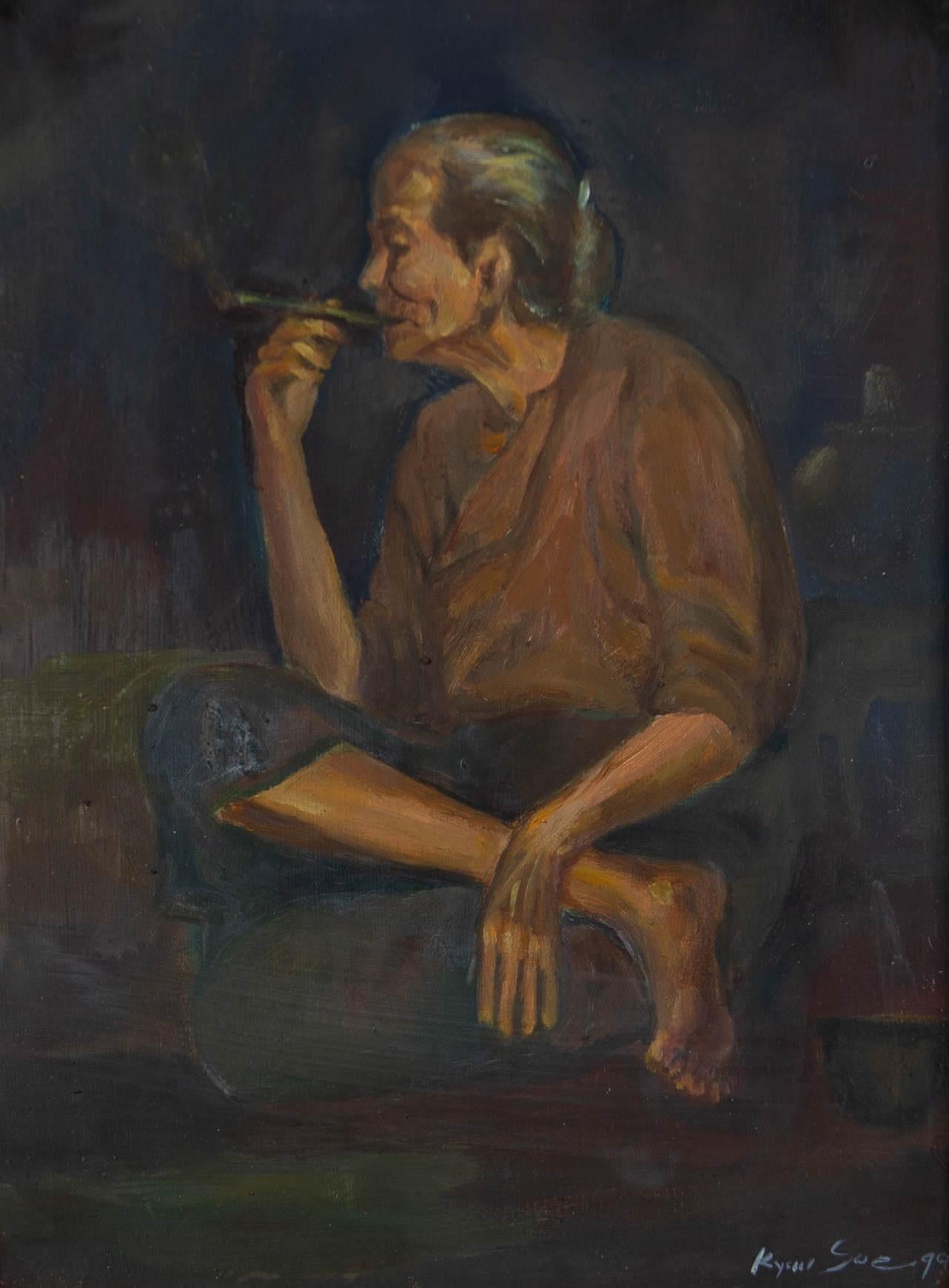 Dim light illuminates a smoking woman in an impressionistic manner. The artwork is signed and dated in the bottom right-hand corner. Well presented in a gilded wood frame with a linen slip and a gilded inner window. On wove.