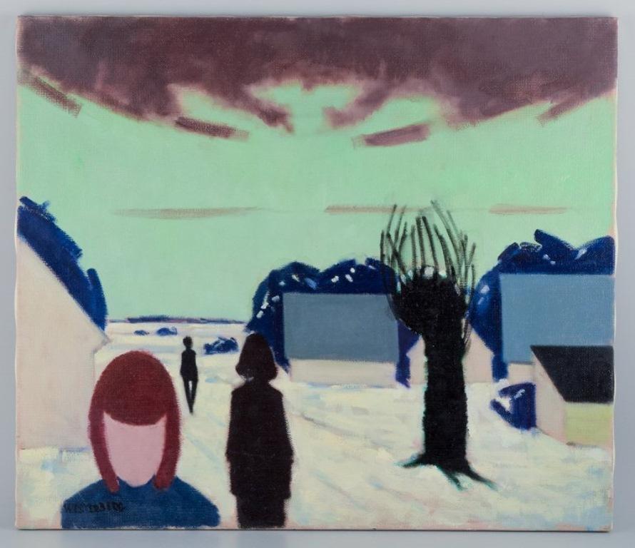 K. Westerberg, also known as Knud Horup, listed Danish artist.
Oil on canvas. 
Modernist style. Winter country landscape with figures.
1970s.
Signed.
In perfect condition.
Dimensions: Width 70.0 cm, Height 60.0 cm.
